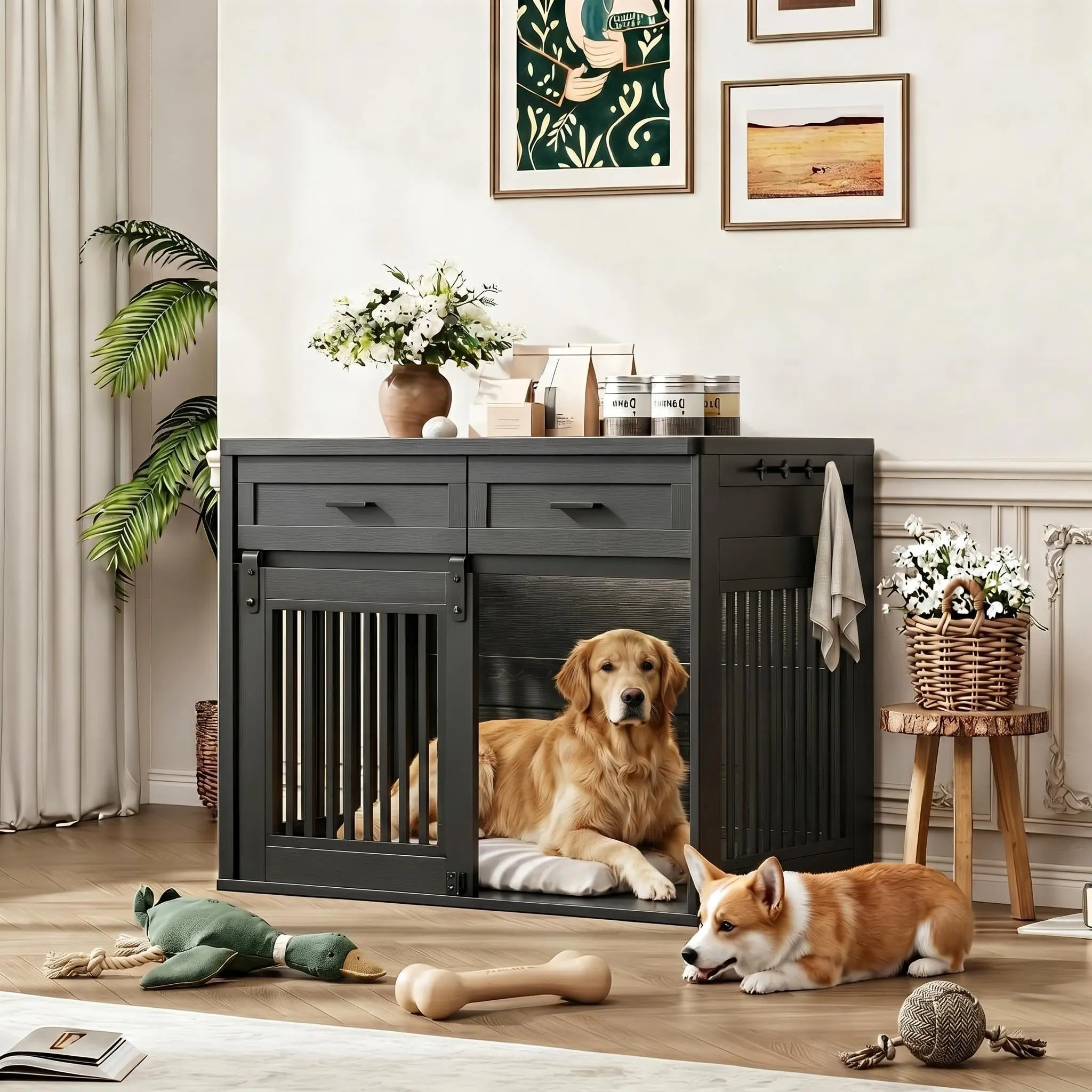 42 Inch Wooden Metal Dog Crate Furniture with Black X Bar Indoor Kennel End Table