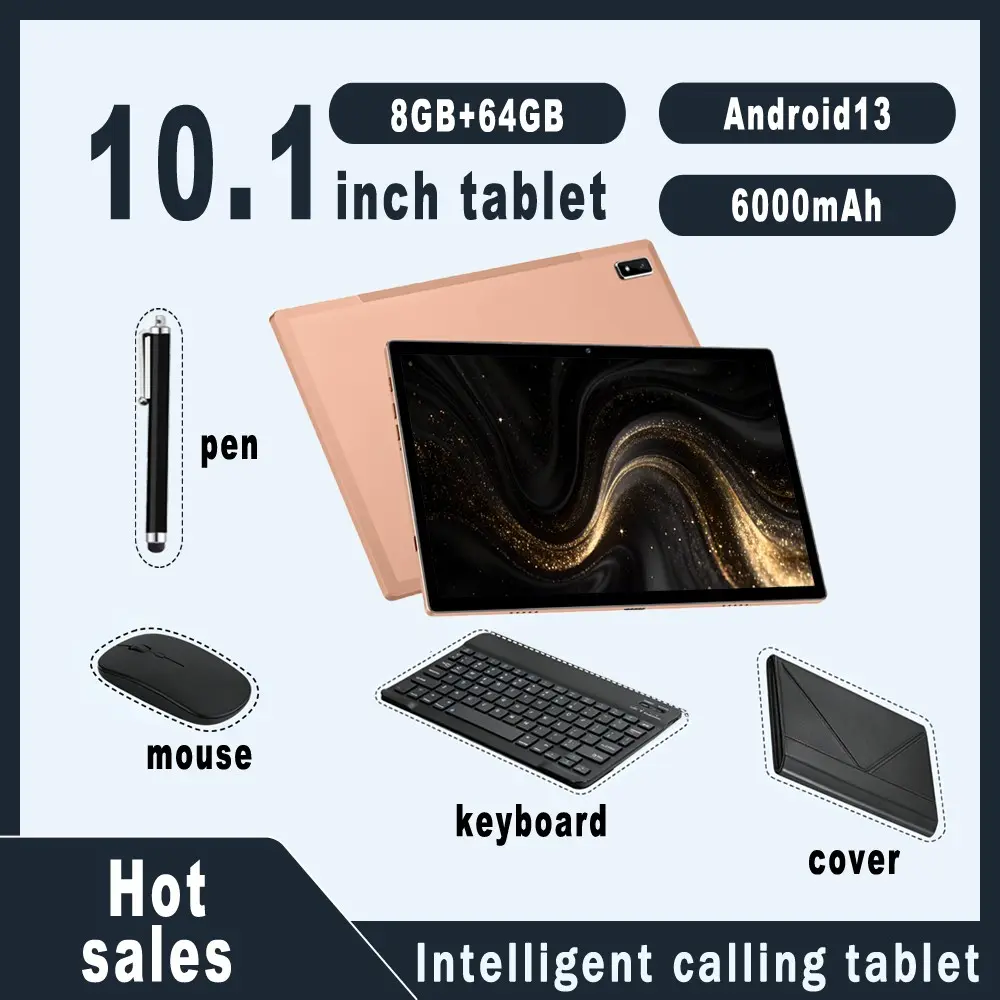 10.1-inch Android tablet with 8GB RAM and 64GB ROM for calling, Tablets with keyboard. The tablet supports cellular mobile WIFI function, Bluetooth function, dual cameras, SIM card, TF card, 6000mAh battery accessories: mouse, pen, leather case, keyboard