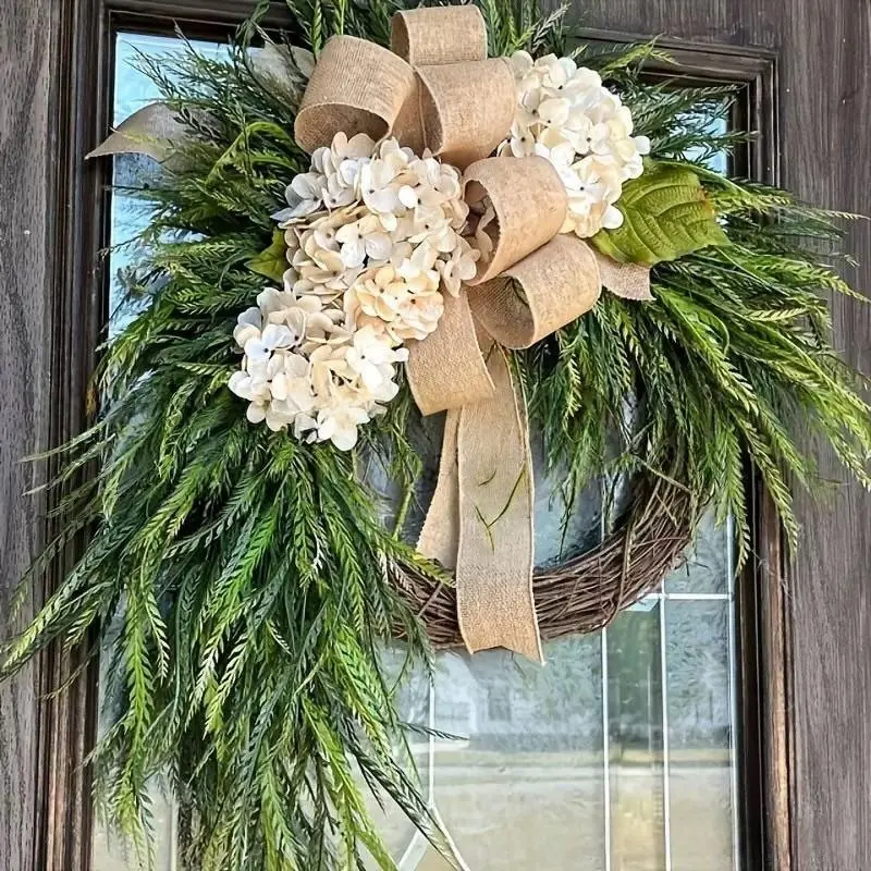 Champagne Color Artificial Hydrangea Willow Leaf Decorative Wreath, Home Decor, Wall Decoration, Spring Summer Autumn Seasonal Ornament