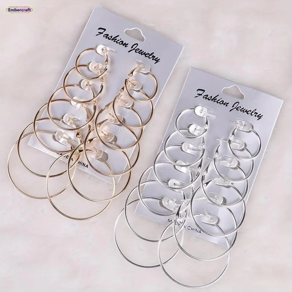 Women's 6-Pair Black Hoop Earrings Set, Classic Statement Alloy Hoops, Lightweight Jewelry for Casual & Evening Earring Stacks, Ear Hoops