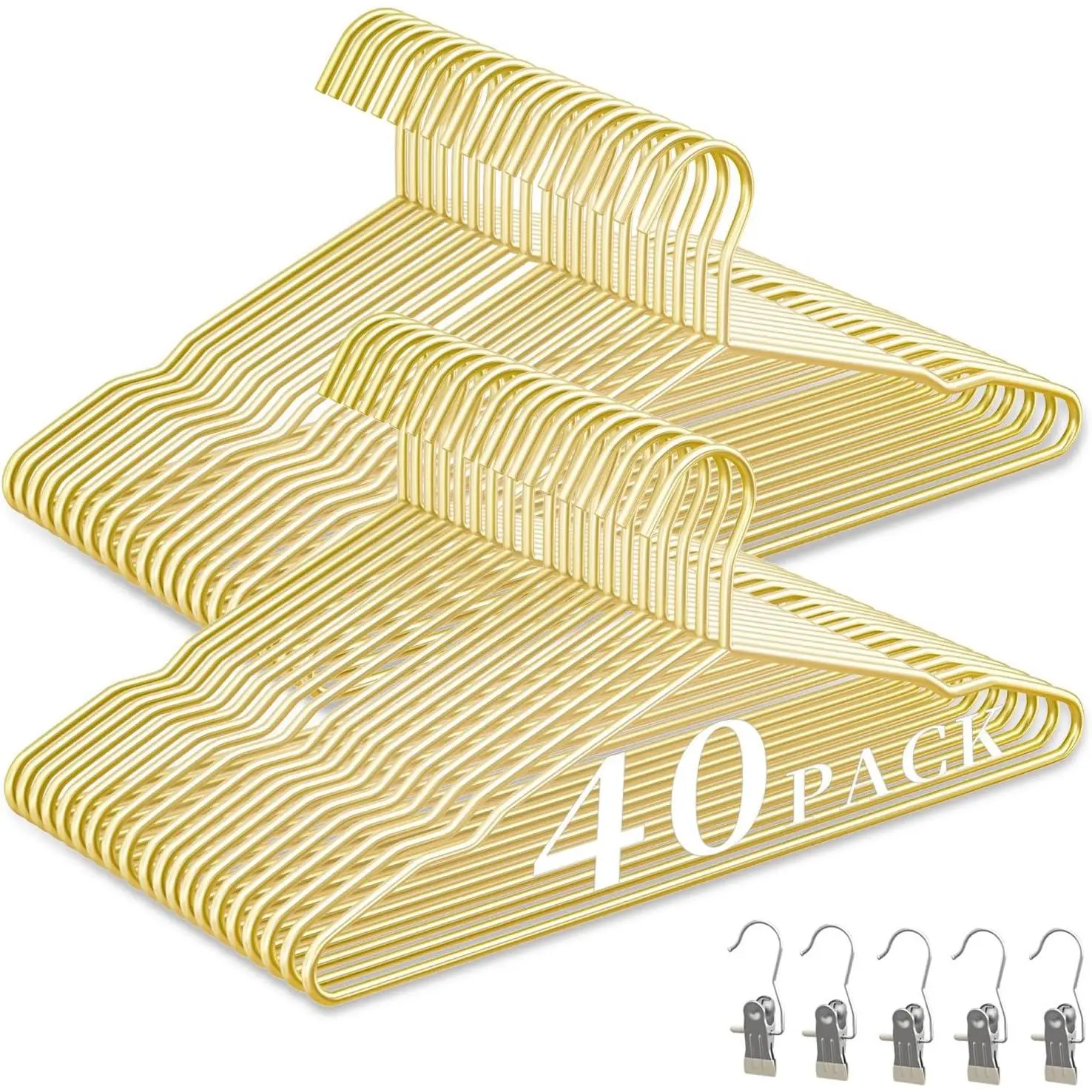 40Pack Gold Hangers + 5 Clothes Pins, Premium Glossy Gold Strong Metal Hangers, Upgraded Thickened Reinforced 50lbs Weight Capacity, Suitable for Heavy Coats, Jackets, Shirts, Dresses