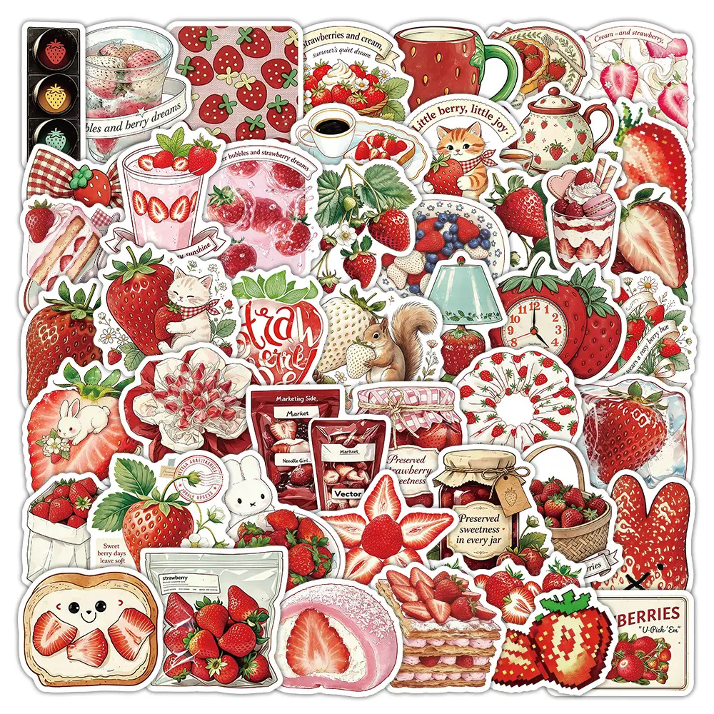 50pcs Cute Strawberry Cartoon Series Stickers, Office Supplies Suitable for Decorating Scrapbooks, Journals, Laptops, Water Bottles, Cars and More, Creative Birthday Gifts