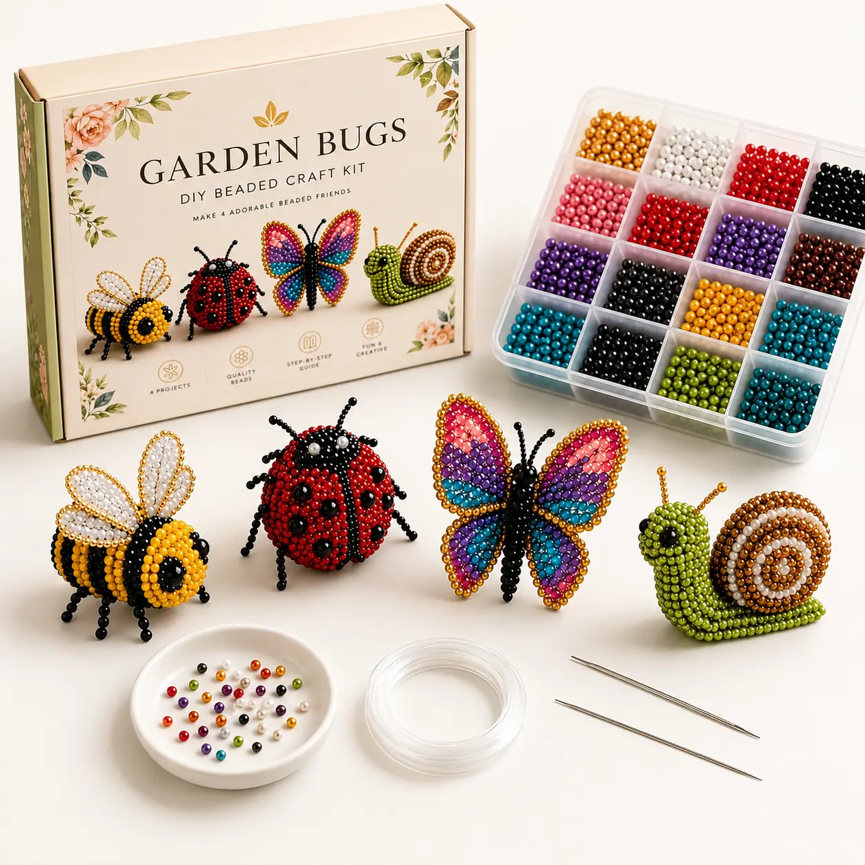 3D Beaded Animal Craft Kit for Adults, DIY Garden Bugs with Colorful Beads and Instructions for Beginners