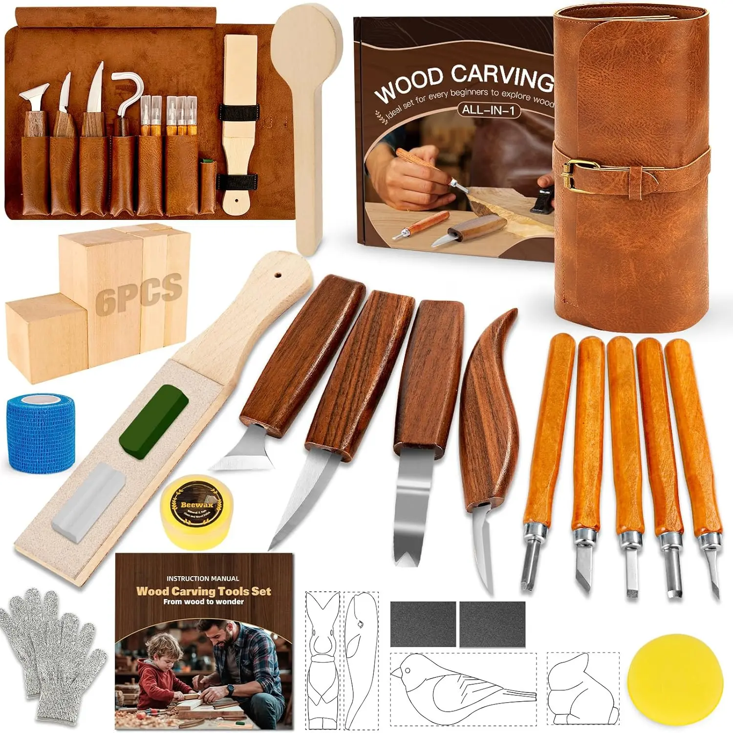 Wood Carving Kit, 32Pcs Wood Carving Tools with Storage Bag, Wood Whittling Knife Kit with 4pcs Templates & 11pcs Wood Carving Knives for Wood DIY Beginners