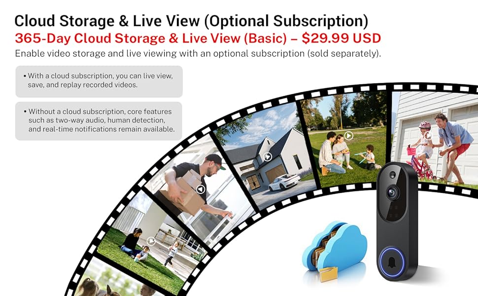 AGS Orbitell 1080p Wireless Wi-Fi Video Doorbell Camera with Two Way Audio, Night Vision, Cloud Storage, Smart AI Motion Detection, Support 2.4GHz Wi-Fi only