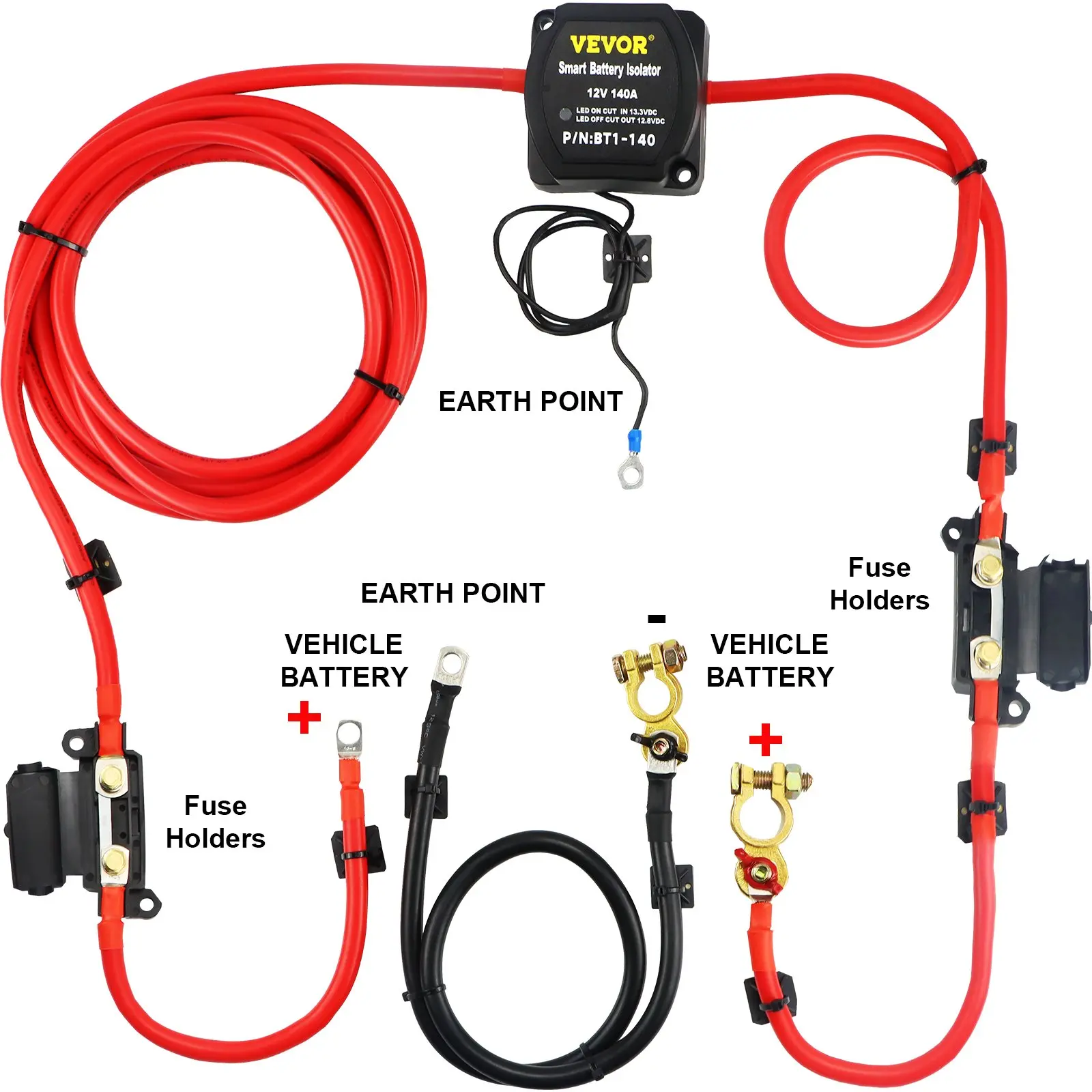 VEVOR 12V Automatic Dual Battery Isolator Kit - 6m 140A Nylon Shell Weatherproof Split Charge Relay with Voltage Sense Relay, for RV Trucks & Indoor Furniture Bed Power Systems, Isolation
