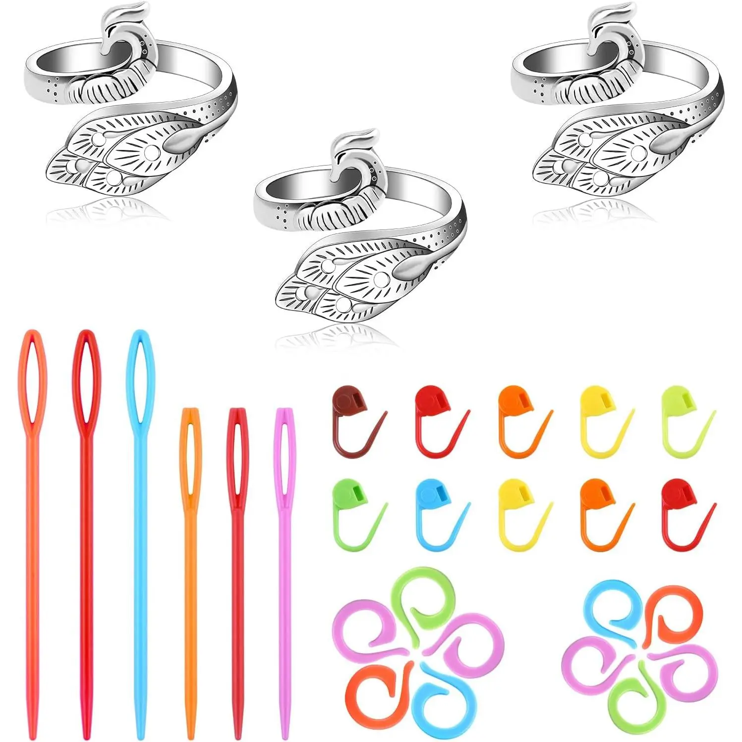 3 count Crochet Ring+30Pcs  Markers, 6 Large Eye Blunt , Adjustable Tension Rings for Finger Yarn, Knitting & Crochet Accessories Set for DIY Crafts,Crocheters Knitters