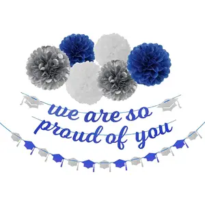 Navy Blue White Silver Graduation Party Decoration 8pcs Kits - Banner Cap Garland Streamers Paper Tissue Pom Poms Flowers, We are So Proud of You Congratulations 2026 Grad Decor