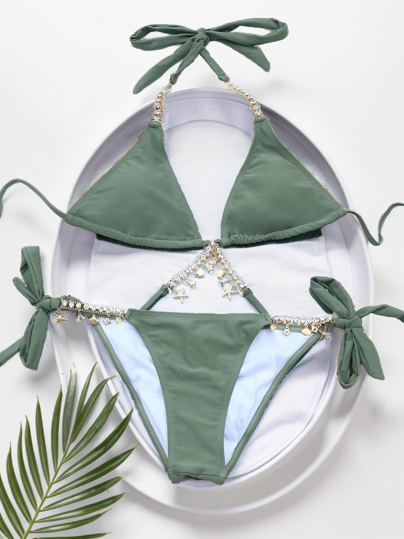Two-Piece Set Women's Rhinestones Decor Chain Bikini Set, Halter Bikini Swimsuit, Summer Outfits 2024, Elegant Casual Tie Back Swim Bra & Tie Side Swim Bottom Set, Women's Summer Swimwear for Beach Holiday Vacation