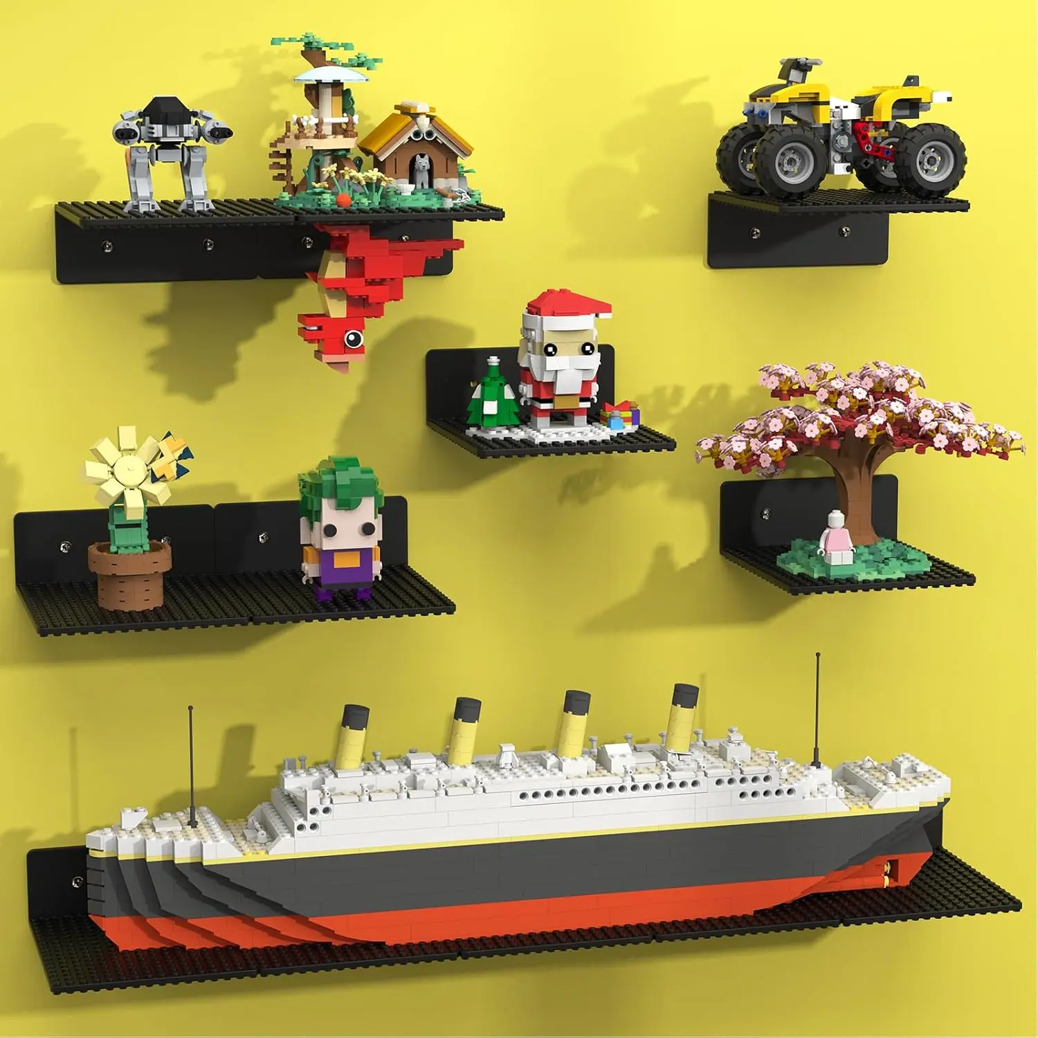 12-Pack Floating Shelves for Wall Compatible with Lego Building Bricks, 5x5.5inch Dual‑Sided 16x17 Studs for Toy Brick Storage and Display, ABS Display Shelves for Room Decor, Black