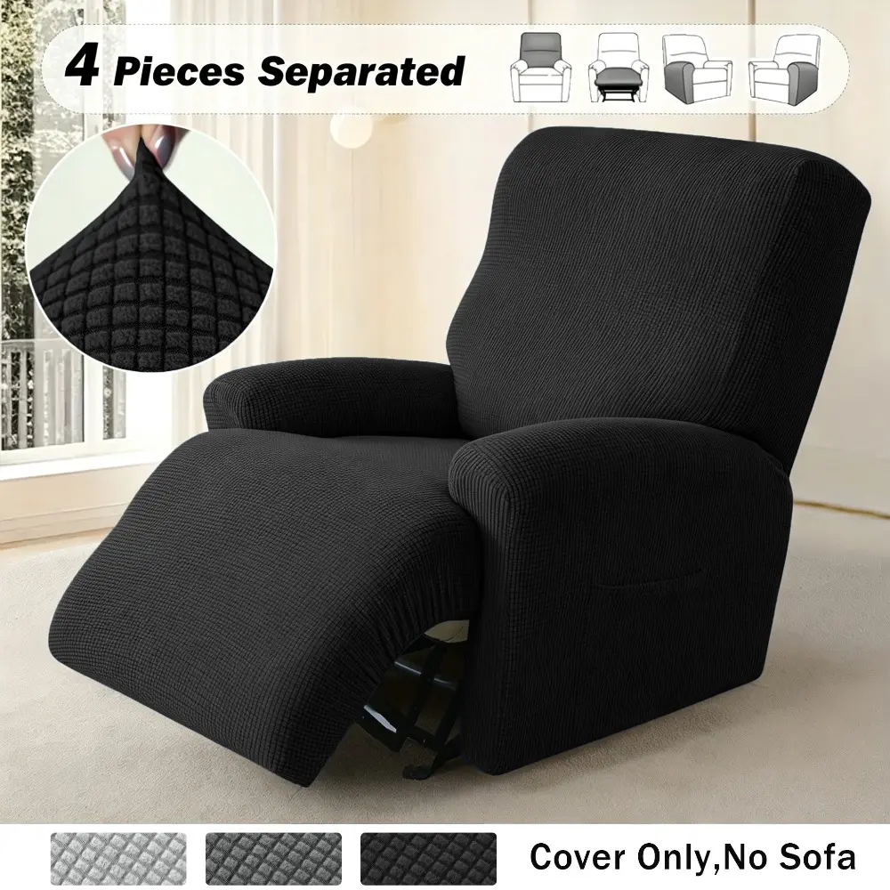 4pcs/set Soft Waffle Single Recliner Sofa Cover, Recliner Sofa Slipcover, Split All-inclusive Design with Storage Side Bags Non-slip Washable for Home Living Room Bedroom