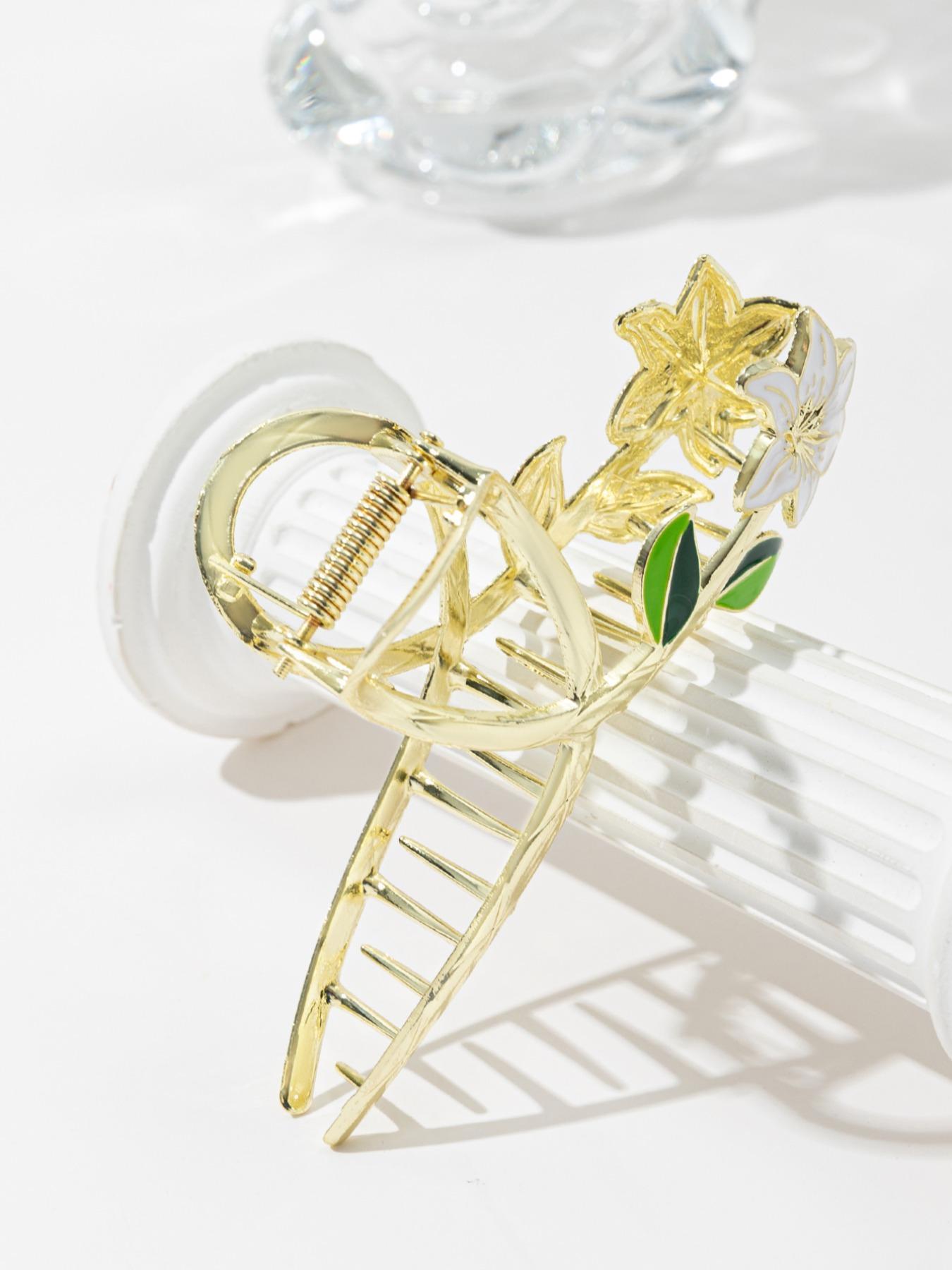 Summer Delicate Fashion Metal Flower and Leaf Decorative Hair Claw Clip, Simple and Elegant Accessory Holiday Birthday Gifts for Women