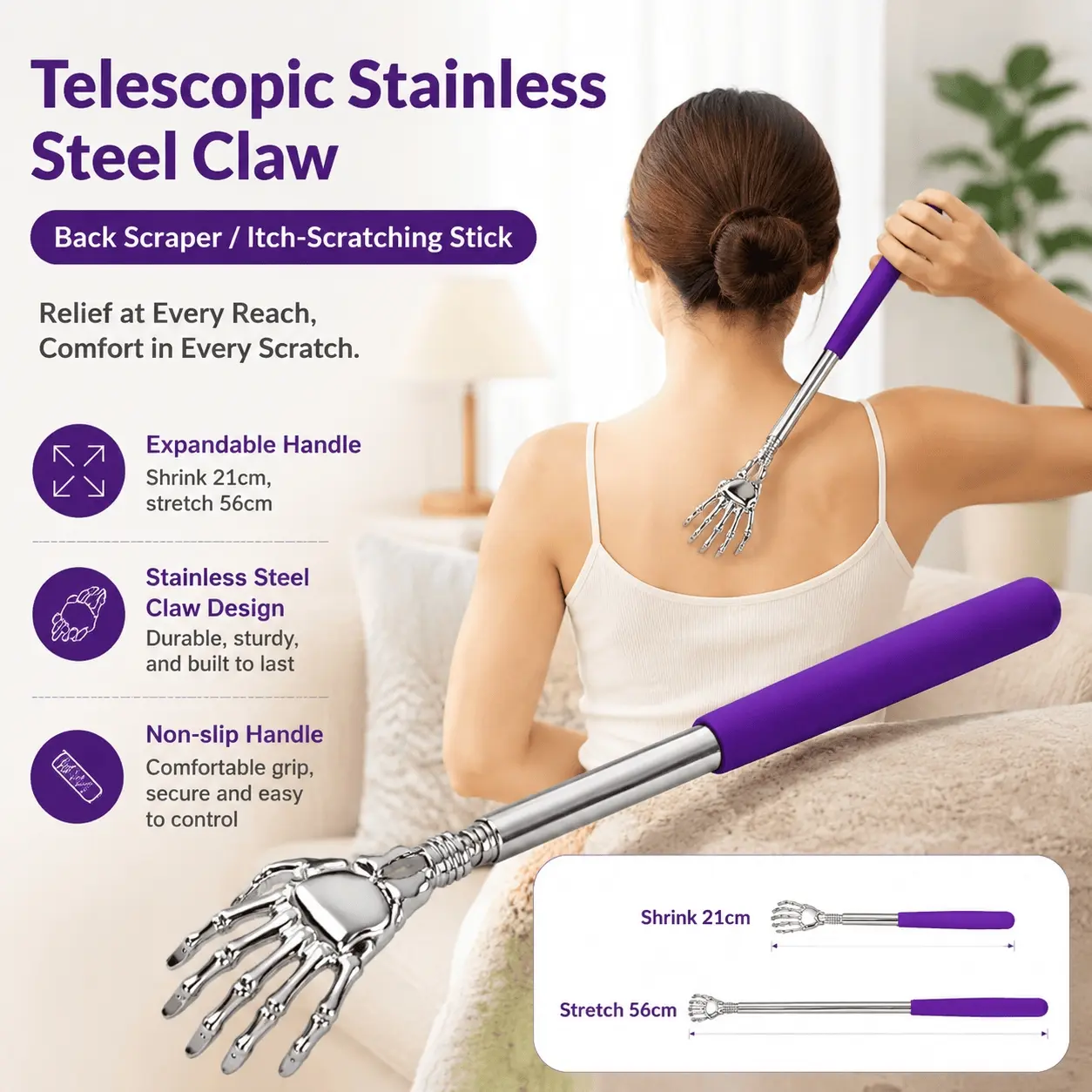 Adjustable Back Scratcher & Massager - Stainless Steel Deep Muscle Relaxation Tool, Portable Itch Relief Stick, Ergonomic Non-Slip Back Massager for Home Gym Pain Relief, Multi-Purpose Adjustable Massage Rod