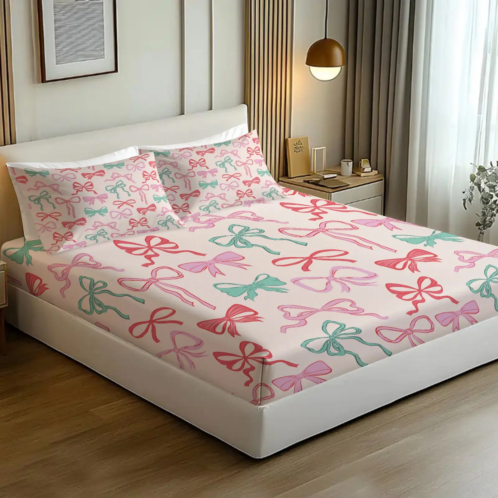2/3Pcs Multicolor Bow Coquette Fitted Sheet Set, Cute Aesthetic Deep Pocket Bed Sheets for Teen Girls, Soft Microfiber 360° Elastic Wrap Bedding with Pillowcases, Breathable Machine Washable Dorm Bedroom Decor