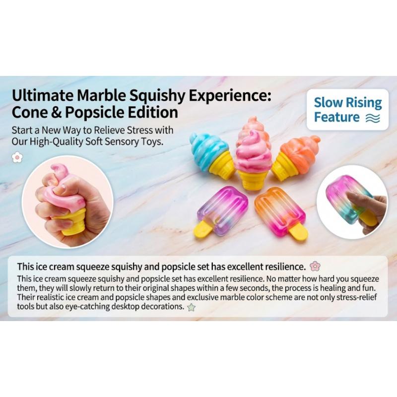 3-pack Ice Cream Soft Gel Filled Sensory Squeeze Toy - Stretchy Jelly Squishy Stress Relief Ball, Calming Anxiety Fidget