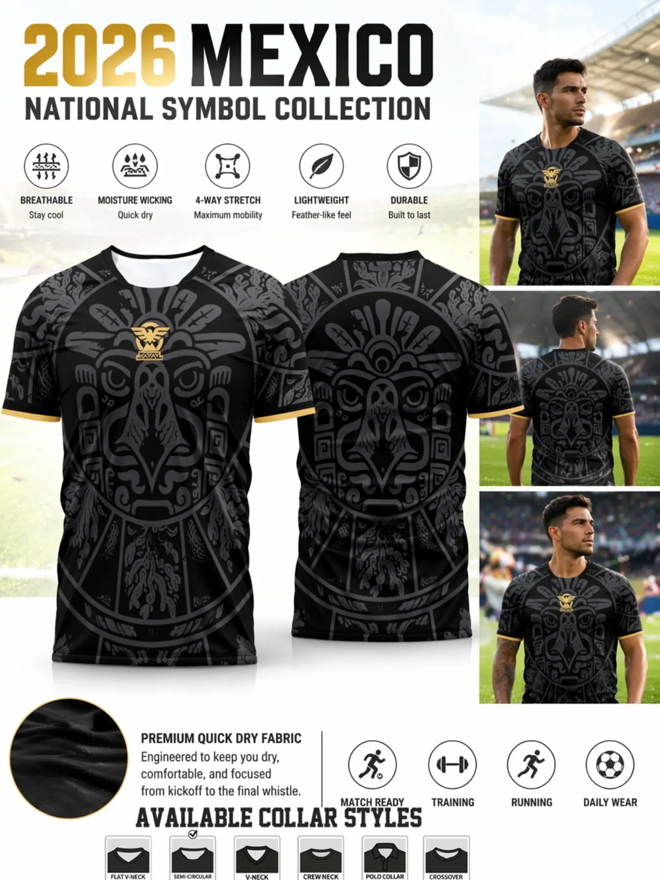 2026 Mexico Soccer Jersey, Short Sleeve High-Performance Football Top, Aztec Eagle Calendar Print, Quick-Dry Breathable for All Seasons