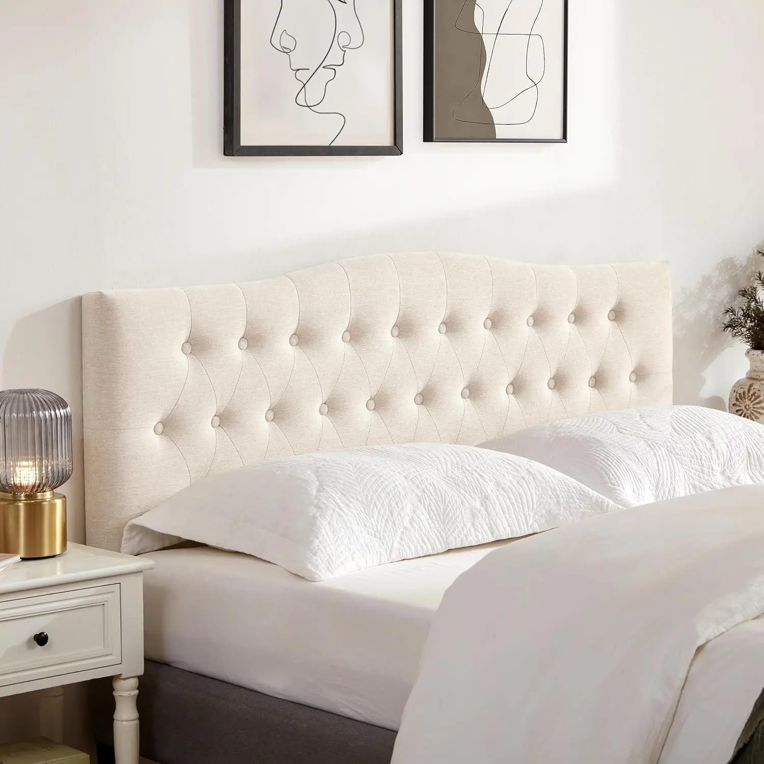 Tufted Headboard Queen Size, Solid Wood Adjustable Height Head Board, Beige Upholstered Queen Headboard Only with Durable Metal Legs, Adjustable Height 37-51 in, Fabric Button Diamond HeadBoards