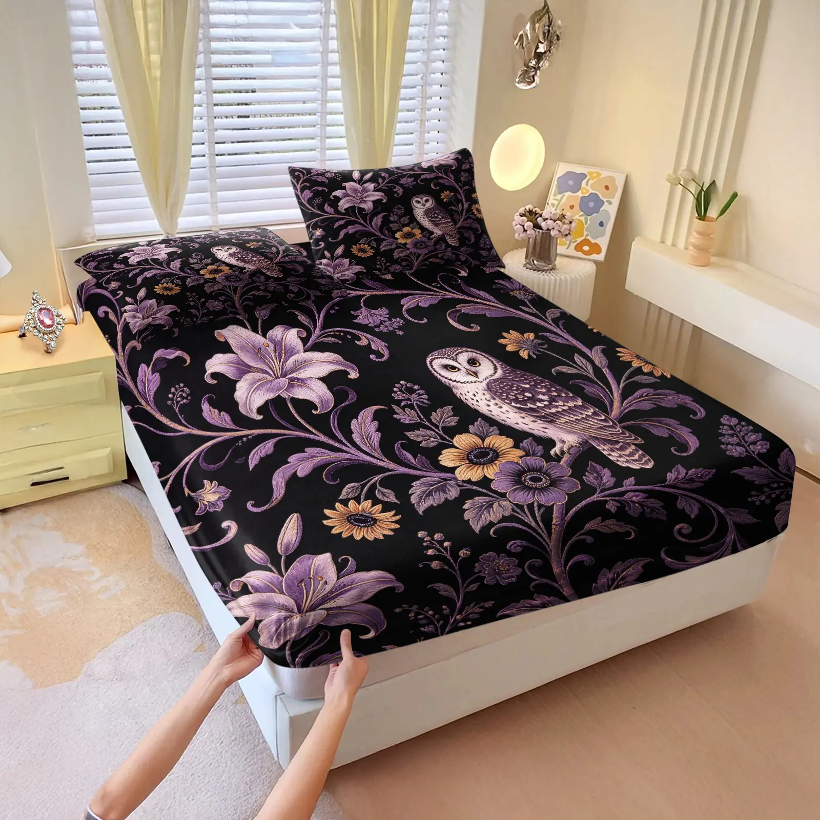 3Pcs Black Vintage Brown Owl Hibiscus Floral Fitted Sheet Set, Elastic Washable Fabric, Bedding for Retro Lovers & Renters for Bedroom & Dark Forest Homestay