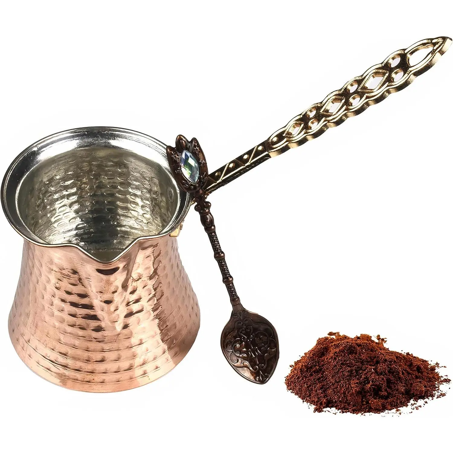 Handmade Turkish Coffee Pot, Antique Hammered Copper Cezve Ibrik, 14 oz (400ml) Stovetop Butter Warmer & Greek Arabic Coffee Maker with Spoon, 6-Person Capacity, Thick, Coffee Making