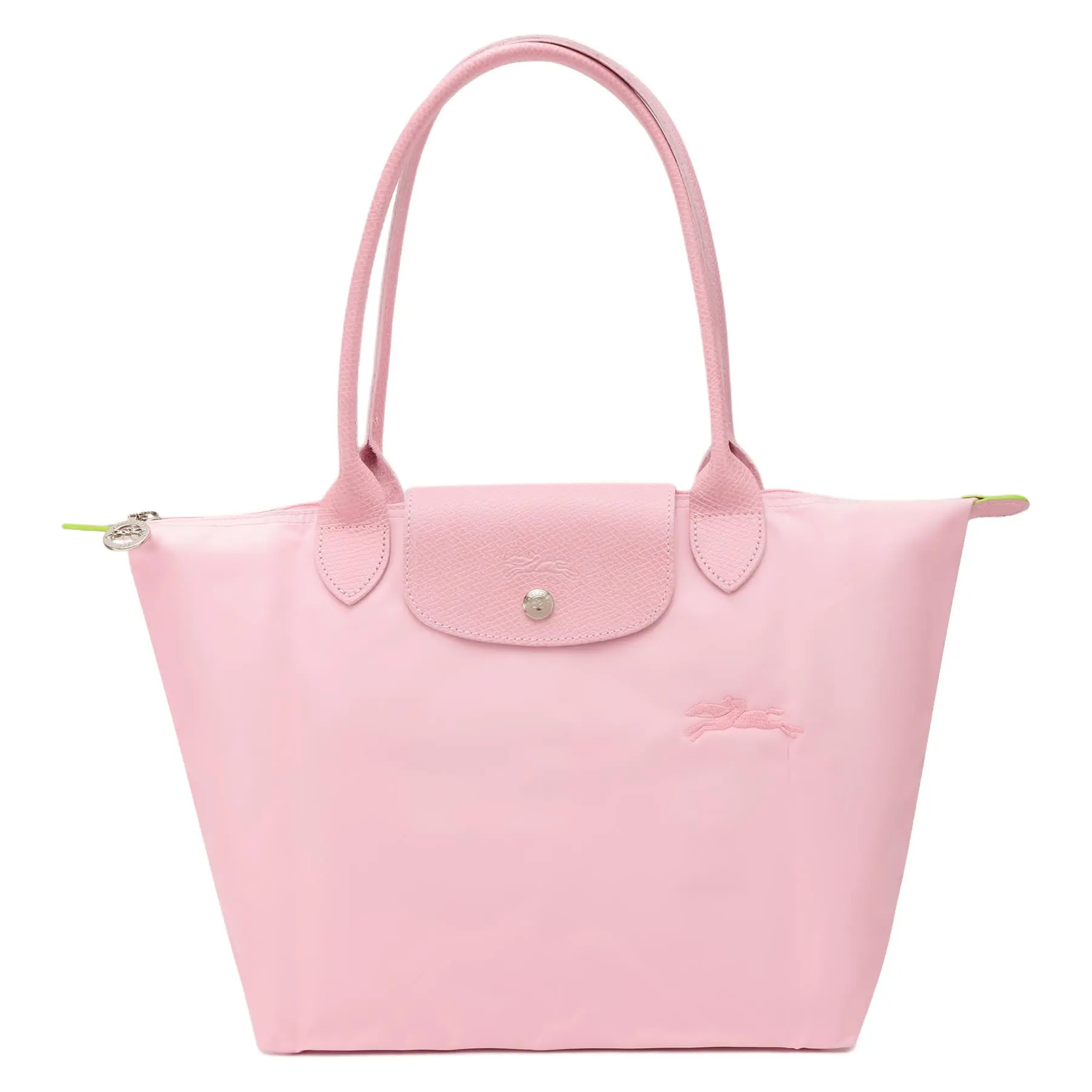 Longchamp Le Pliage Green Embroidered Logo Zip Top Tote Bag for Women, Medium Size, Pink Cowhide