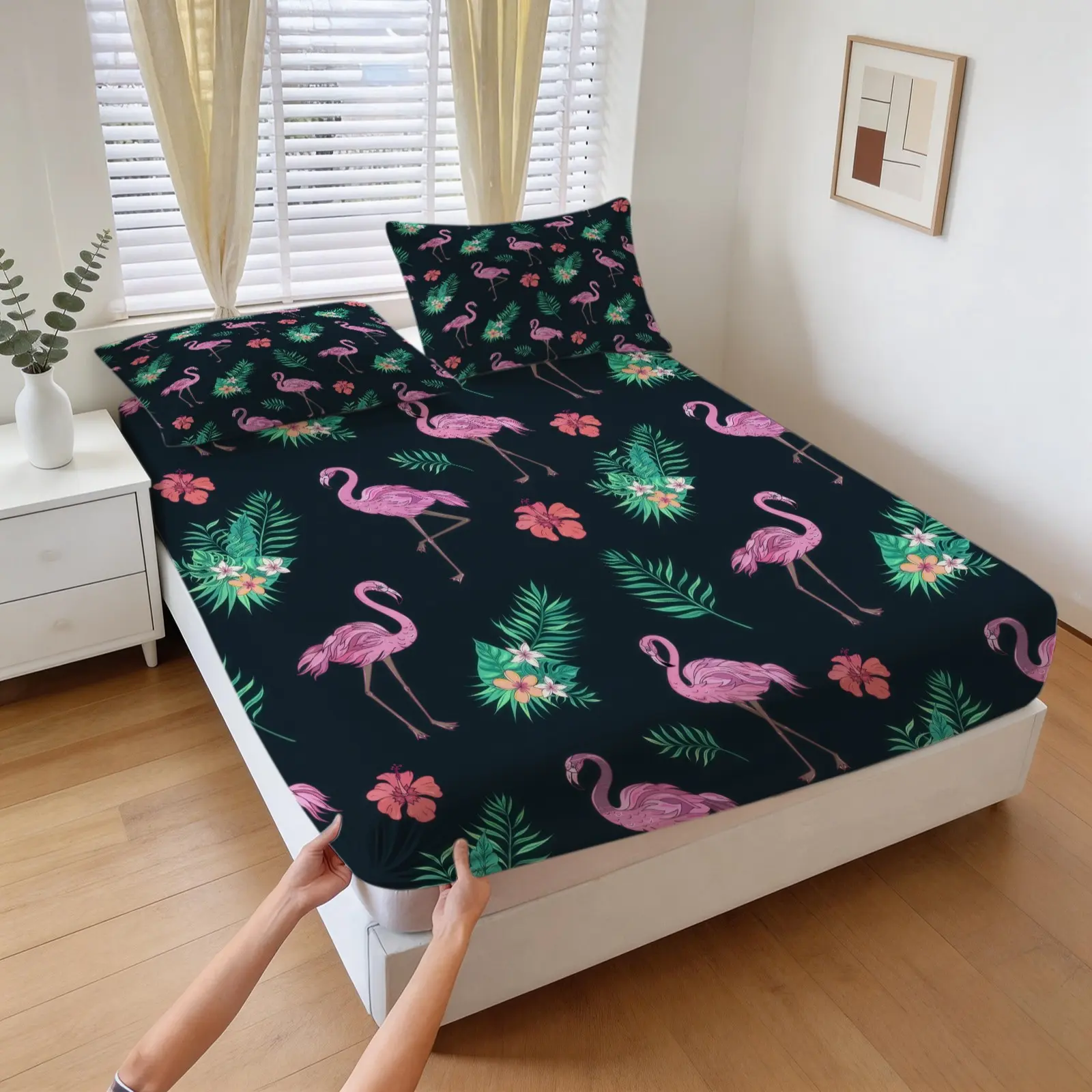 3-Piece Flamingo Pattern Fitted Sheet Set, Soft And Comfortable Polyester Bedding Set, Including 1 Sheet And 2 Pillowcases (Pillow Inserts Not Included), Suitable For Teenagers And Adults, Bedroom, Apartment, Dormitory Scene