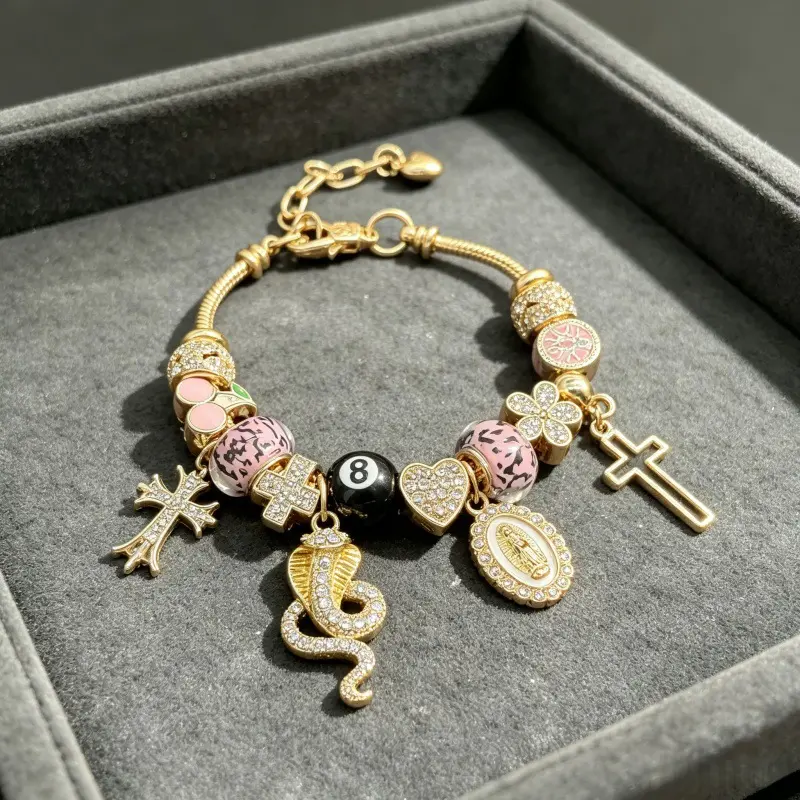 DIY Charm Bracelet Snake Cross 8-Ball Cherry Heart Pendant Sparkling Accent Edgy Y2K Aesthetic Sweet Cool Style Everyday Statement Wear Personalized Styling Fashion Accessory Trending Item For Daily Outfit Matching Unique Jewelry Piece