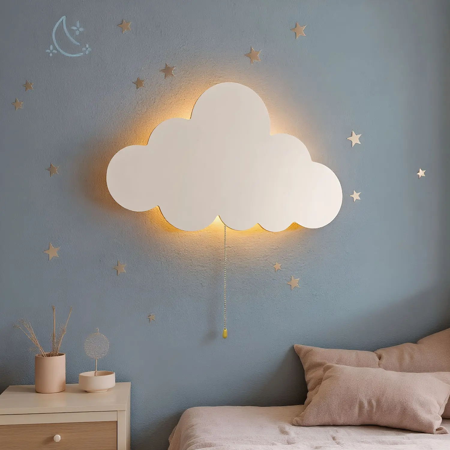 Bedroom Cloud Wall Light, Wooden Cloud Night Lamp, Battery-Powered Hanging Nightlight, Ideal for Kids' Rooms, Soft Glow Design, Cloud Lights