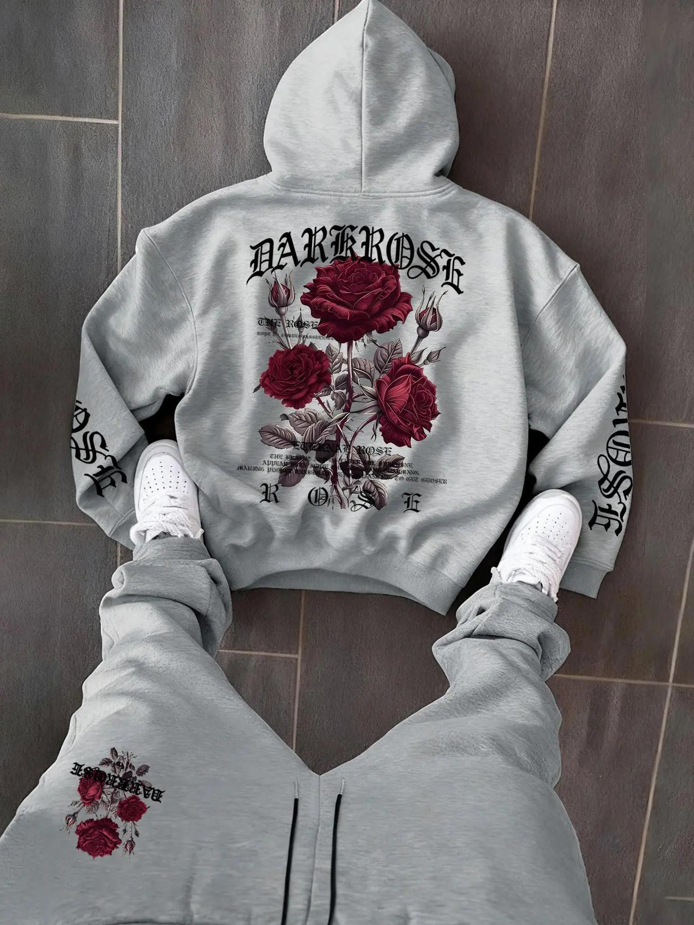 Men's Casual Fitted Suit, Letter Rose Print Hoodie + Drawstring Sports Pants, Outdoor Daily Wear, 2-Piece Set, Sweat Suit, All Seasons