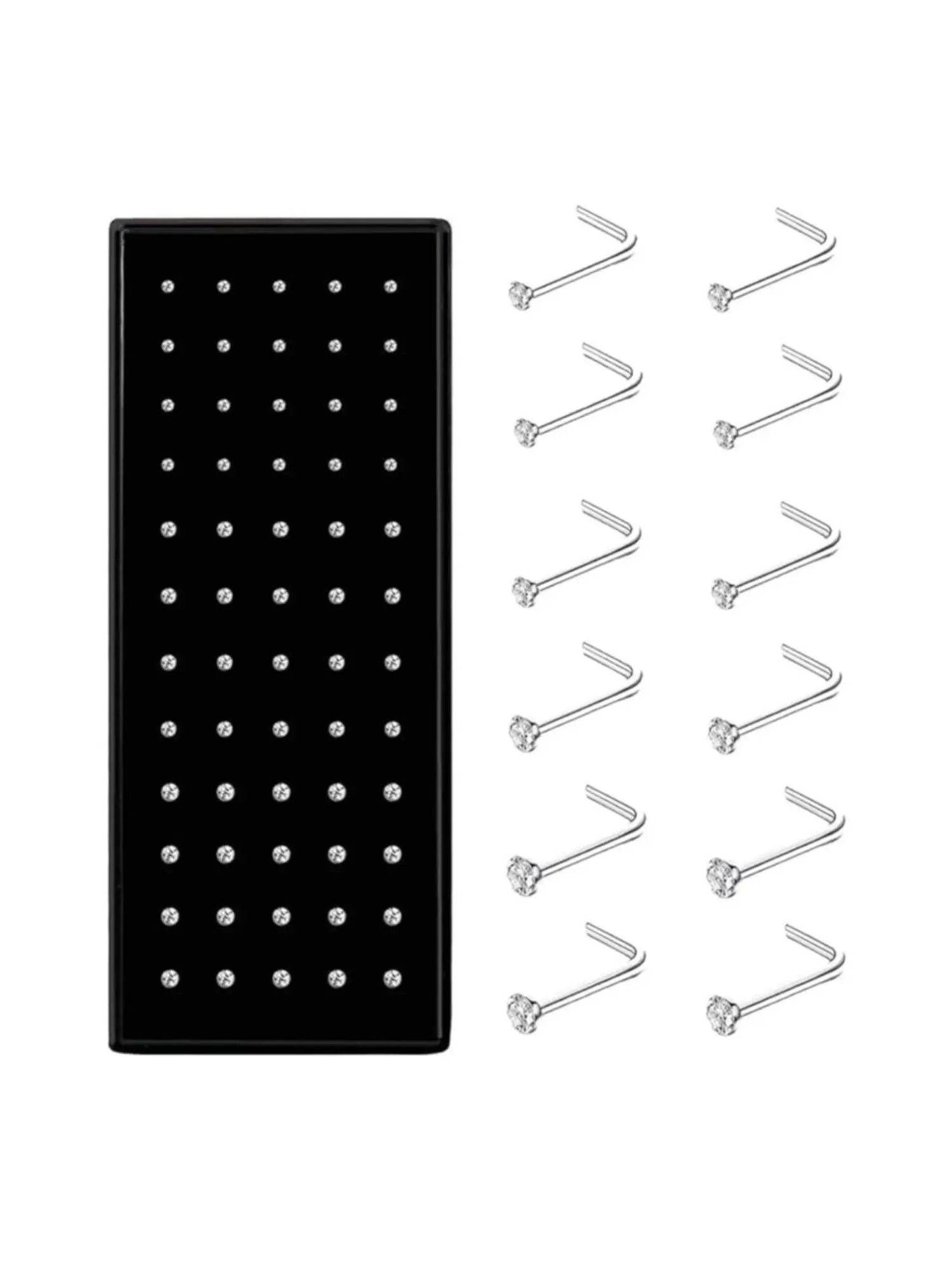 Unisex 60 Pcs Bulk Nose Studs Pack, 303 Stainless Steel Silvery L Shaped Nose Screws with Mini Round Rhinestone Inlay, Secure Post Design for Nostril Piercing, Delicate Body Piercing Accessories for Daily Wear Party Occasions, Ideal Gift for Men and Women