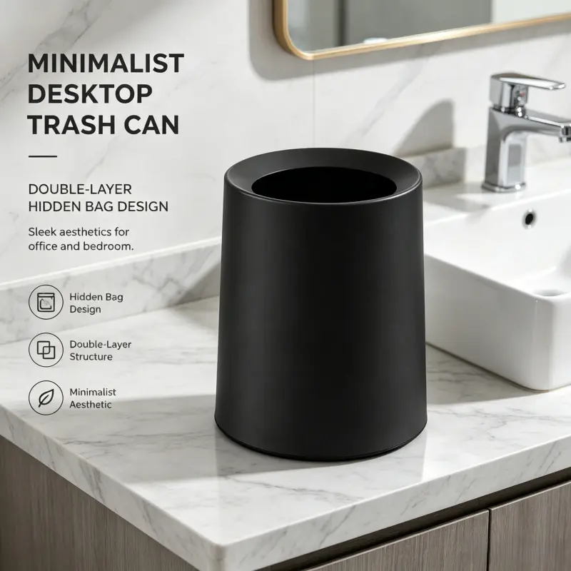 Sleek Aesthetic Mini Desktop Trash Can Double-Layer Hidden Bag Design Round Small Waste Bin for Bedroom Study Office Counter Home Trash Can