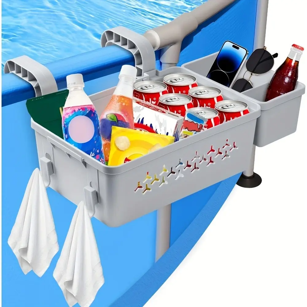Poolside Waterproof Storage Basket with Cup Holder, Thickened Plastic Organizer, Waterproof Organiser, 1 Pack, for Above Ground & Frame Pools, Durable Pool Accessory