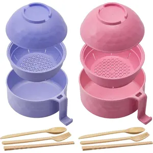 2 Sets 12 Pieces Microwave Ramen Bowl Set, with Lid and Handle, Portable Cutlery Kit for Home Office Dorm Apartment