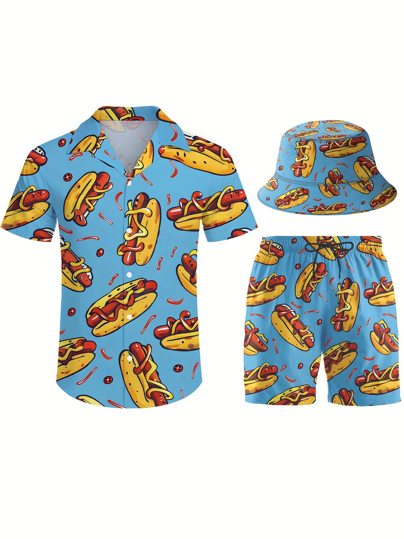 Men'S Three-Piece Vintage Beach, Featuring Hot Dogs And Ketchup Themed Activewear, Hawaiian Style Sports Outfit, Including a Shirt, Beach Shorts, And a Bucket Hat