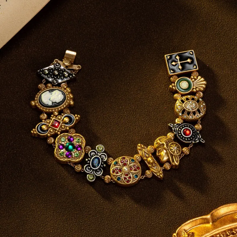 Loveden Unisex Court-Style Retro Rhinestone Bracelet, Vintage Antique Colorful Gemstone Carved Charm Bracelet for Men and Women, Stylish Personality Fashion Accessory, Premium Gifts for Women and Romantic Gifts for Her