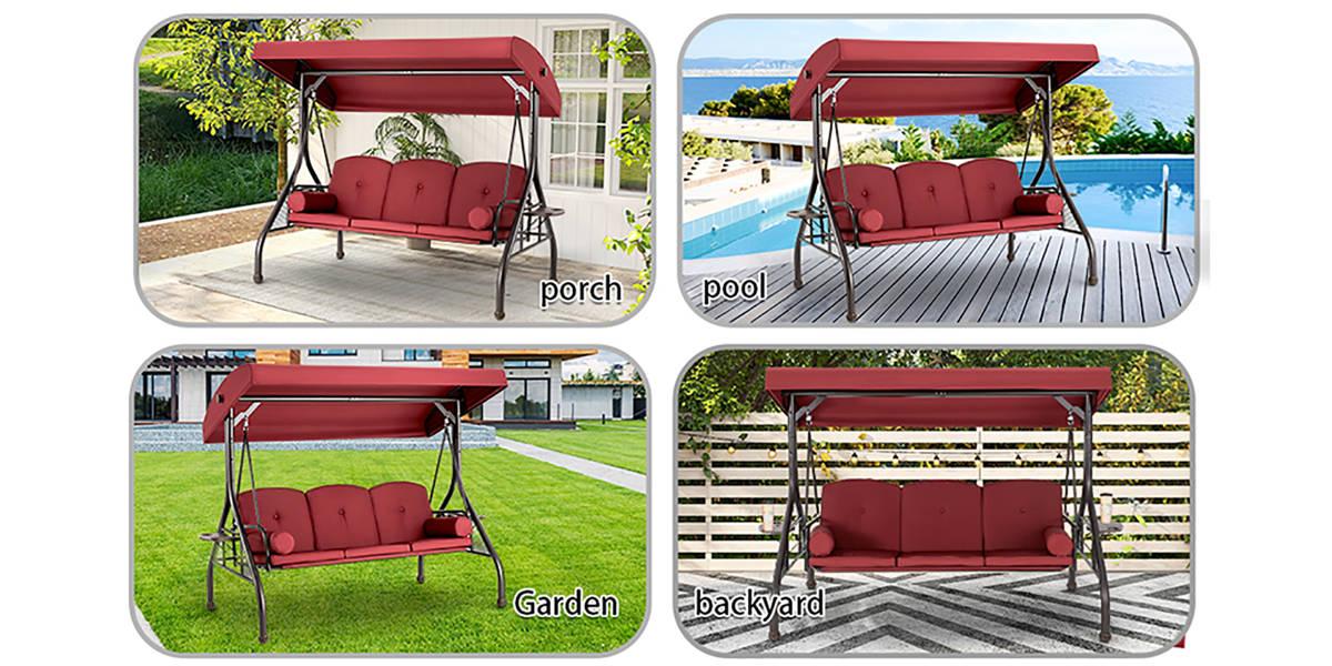 3-Seat Outdoor Patio Swing Chair, Swing Glider with Removable Cushion and Convertible Canopy, Ideal for Deck, Patio, Garden