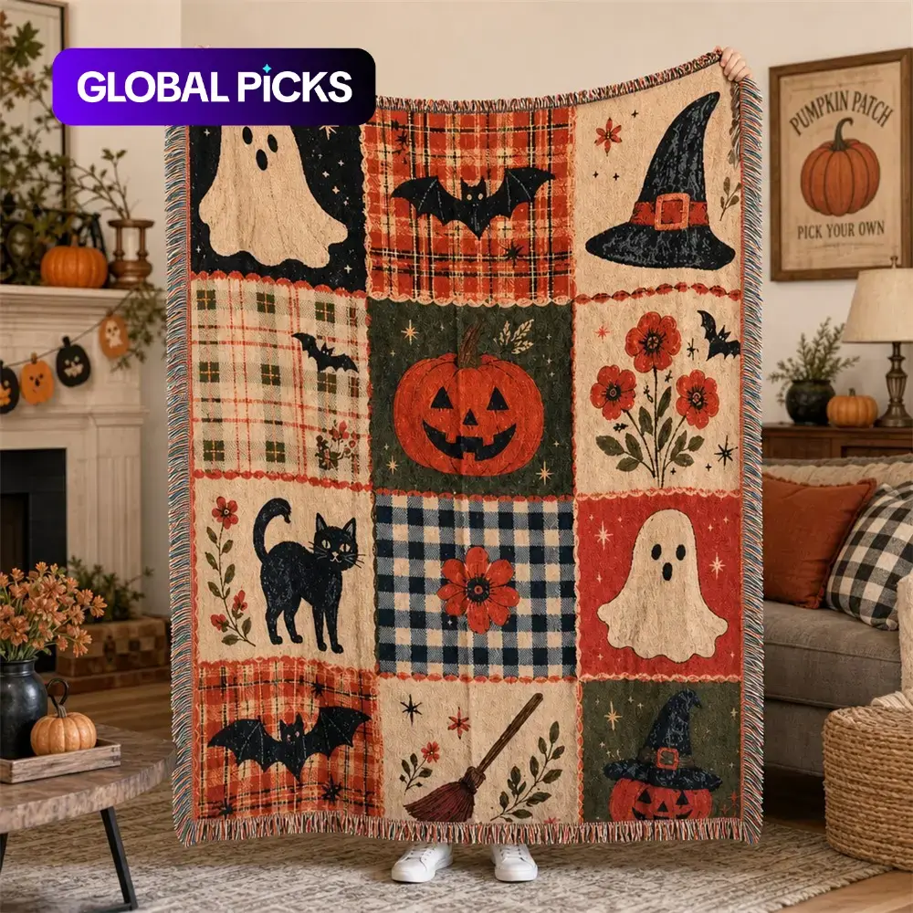 Halloween Patchwork Style Woven Blanket with Tassel Bed Blanket, Multi-Function Also for Sofa Cover Couch Throw Blanket Armchair Home Decor Room Wall Art Tapestry Furniture Slipcover Tablecloth Shawl Outdoor Picnic Camping Beach Towel Office Nap Hippie