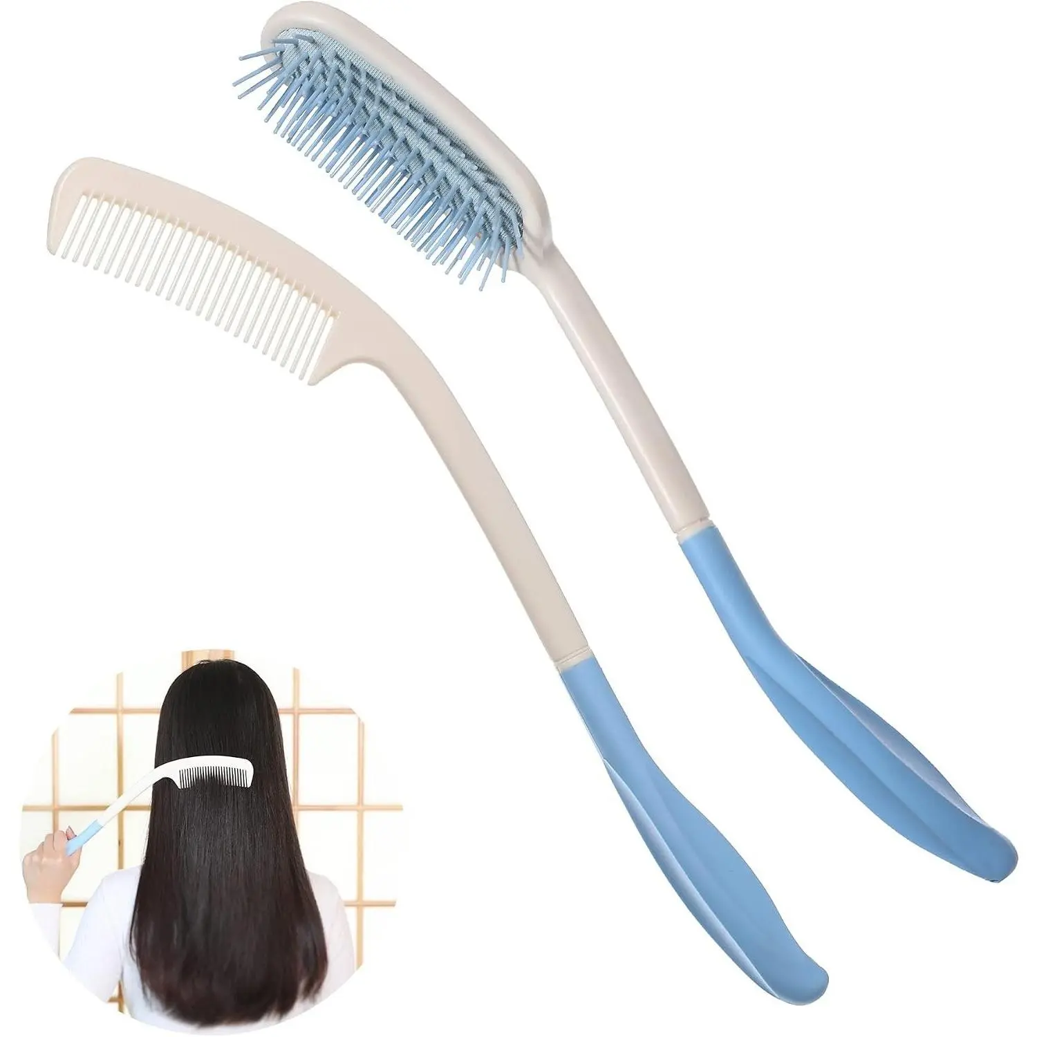Long Reach Handled Comb and Hair Brush Set for Elderly, Hand-Disabled, and Limited Upper Limb Mobility - 2 PackGift