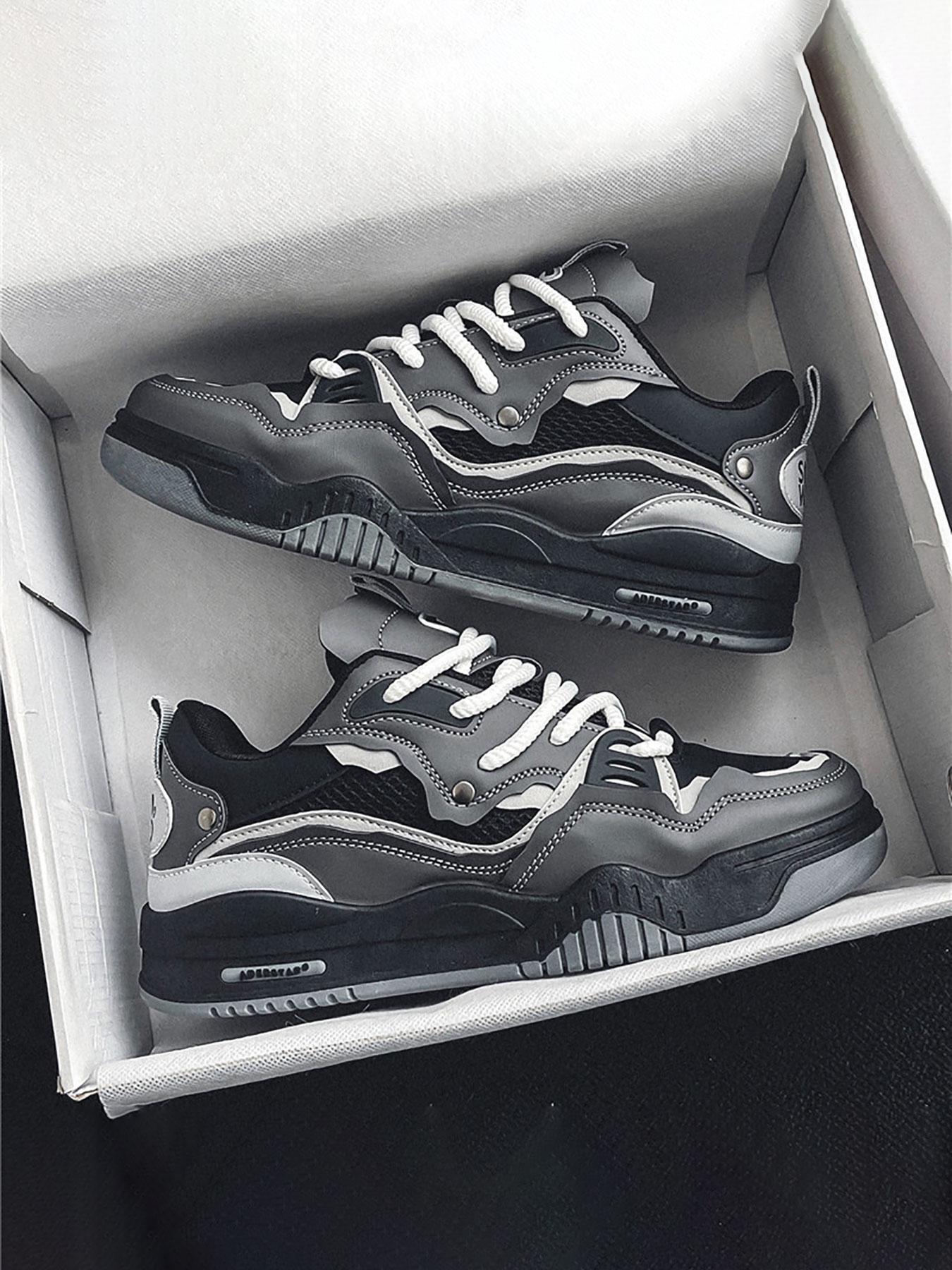 Men's Casual Thick Laces Skate Shoes, Letter Patched Design Low Top Skate Shoes, Contrast Mesh Design Platform Shoes