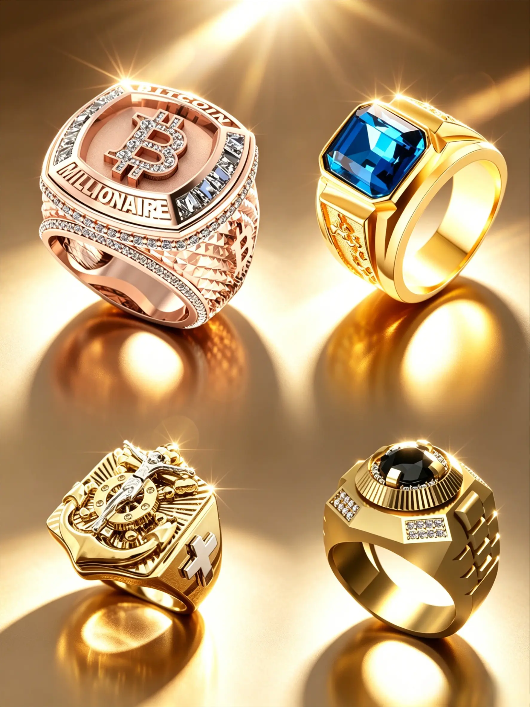 4Pcs Unisex Multi Theme Men Signet Elegant Ring Set, Rose Gold & Gold Crypto Anchor Cross Blue Sapphire Black Onyx Cubic Zirconia Wide Band Statement Jewelry, Business Wealth Faith Accessory Gift For Him Her
