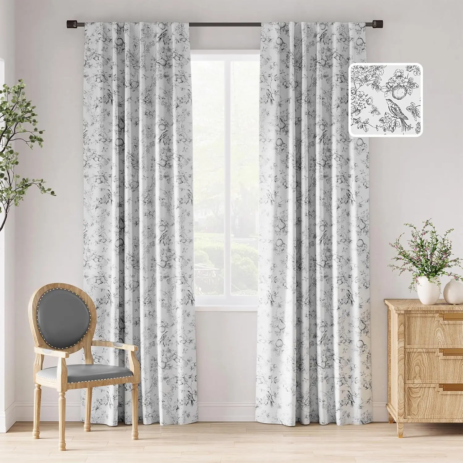 95% Blackout Floral Curtains 84 Inches Long, Printed Flower Black Blackout for Bedroom Rod Back Tab Blackout Curtains Thermal Window Drapes, 2 Panels