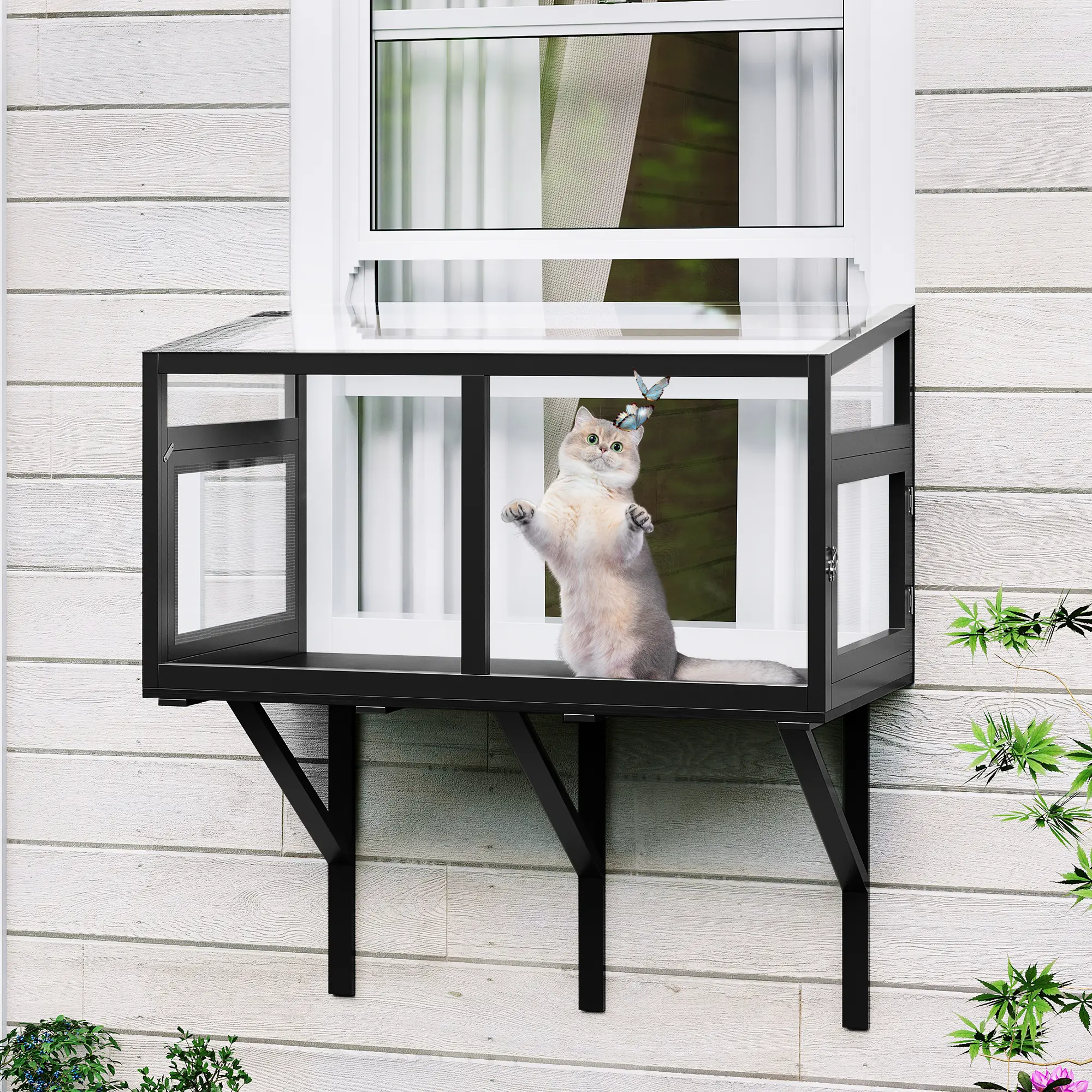 Window Catio Box with Acrylic Panels, Wood Cats Window Perch Fits Windows 24"-38", Mosquito-Proof Indoor Cat Enclosure for Sunbathing, Birdwatching & Napping