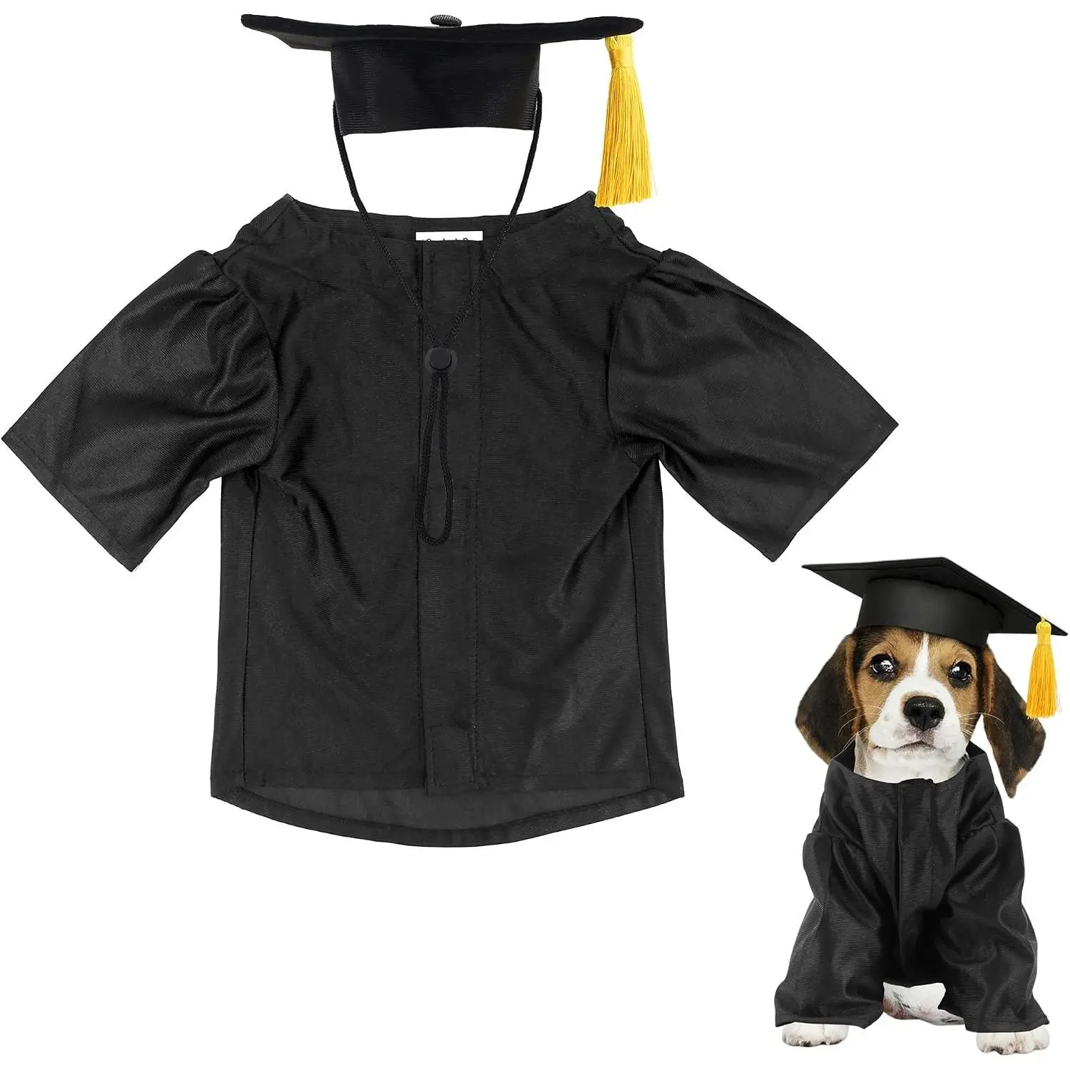 Dog Graduation Cap and Gown Costume Set - Adjustable Knit Fabric with Gold Tassel, 4 Sizes (S/M/L/XL) for Small Dogs & Cats to Medium Dogs, Washable Formal Pet Graduation Attire (Black)
