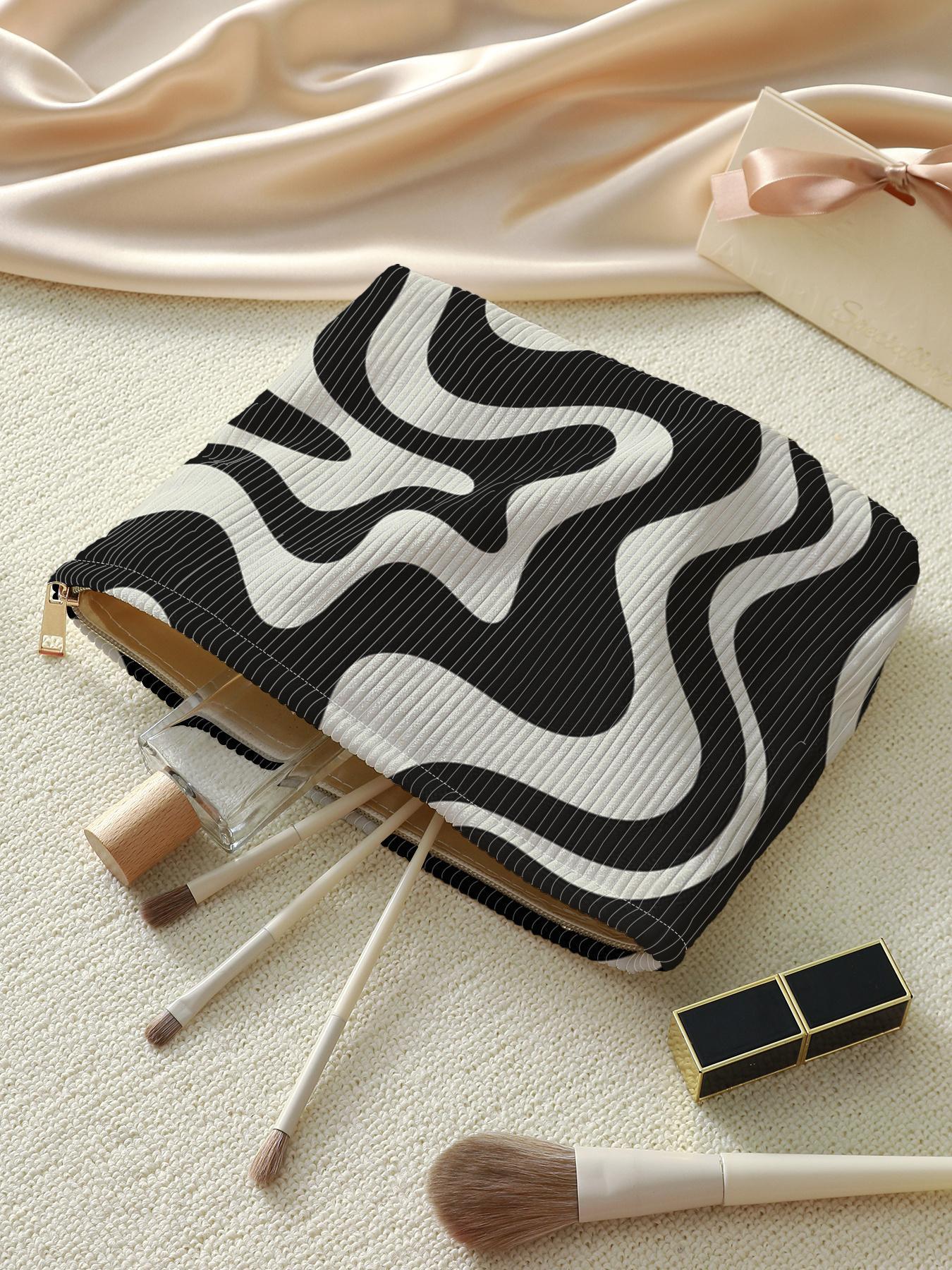 Zebra Stripe Pattern Corduroy Makeup Bag, Makeup Organizer Pouch, Handheld Cosmetic Pouch, Cosmetic Travel Bags, Casual Lightweight Multi-functional Travel Cosmetic Bag, Casual Trendy Versatile High-quality for Women & Girls