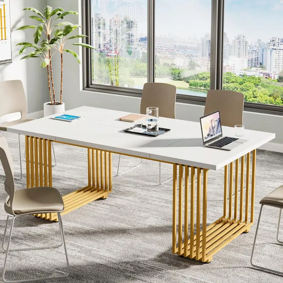 White Executive Office Desk, Modern Wooden 70.9" Desk, Large Workstation With Gold Metal Legs, Home Office, Small Conference Table Meeting Room, White & Gold
