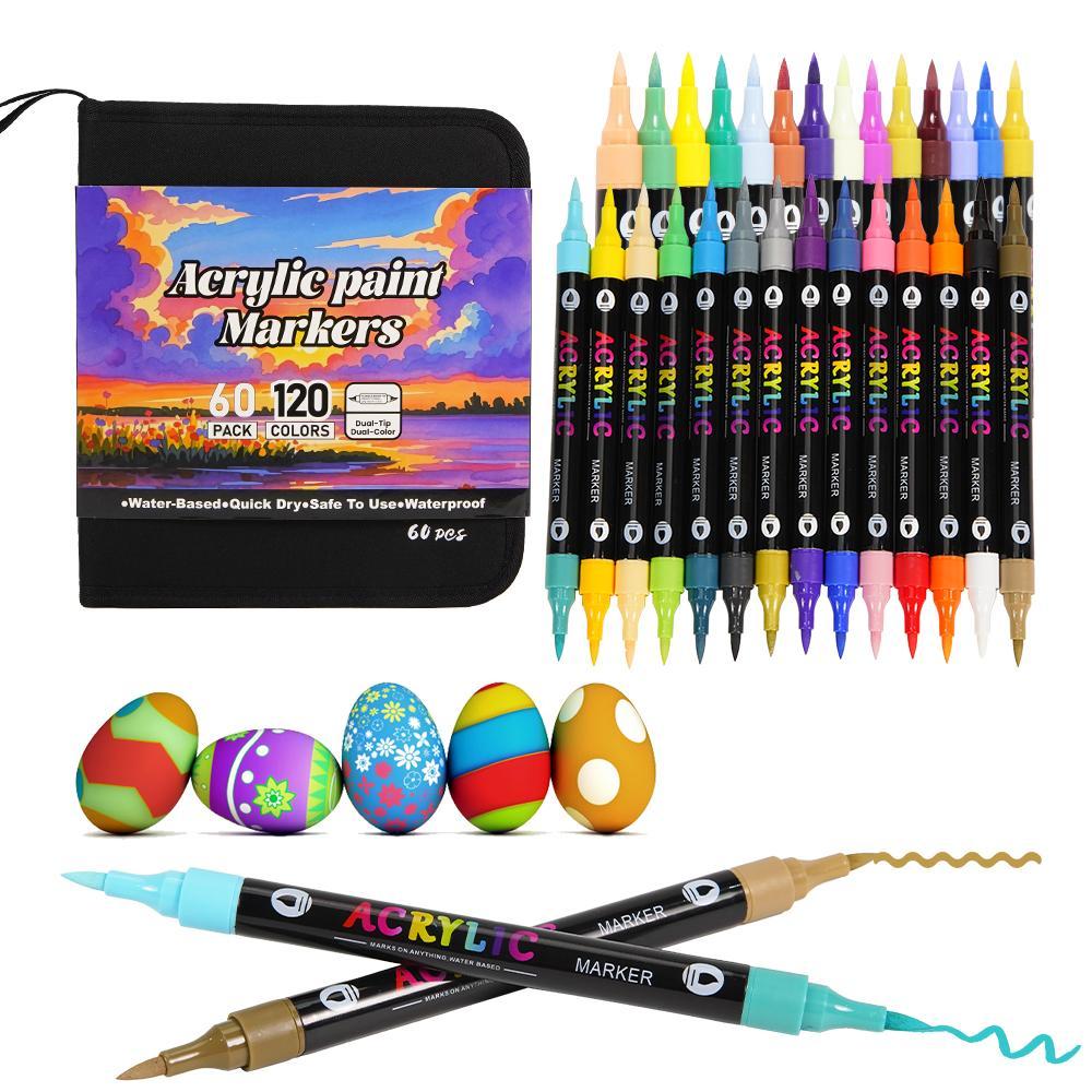 120-Color Acrylic Paint Marker Set, 60pcs Acrylic Paint Marker Pens with 2 Brush Heads, Creative Coloring Markers for Rock, Wood, Canvas, Stone and Fabric, Art Supplies, Art Materials, Artist Bundle, Acrylic Art Kit, Art Drawing Supplies