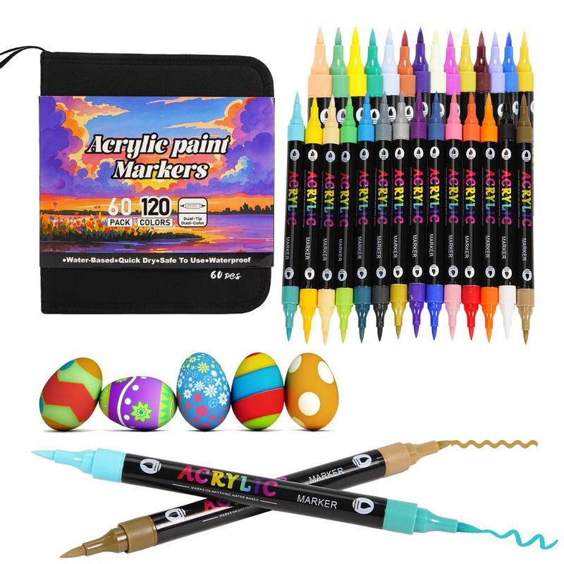 120-Color Acrylic Paint Marker Set, 60pcs Acrylic Paint Marker Pens with 2 Brush Heads, Creative Coloring Markers for Rock, Wood, Canvas, Stone and Fabric, Art Supplies, Art Materials