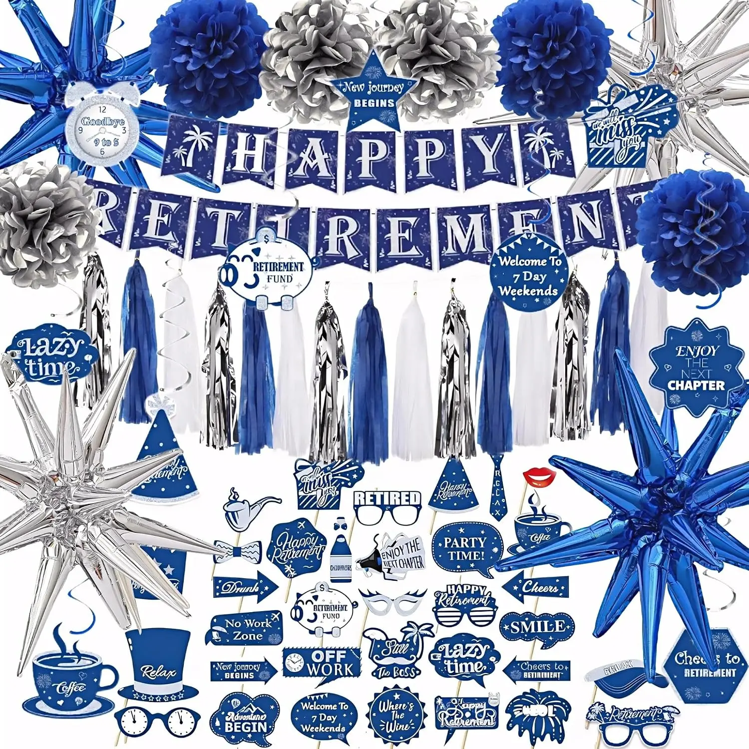 Retirement Party Decorations Set, Happy Retirement Banner, Photobooth Prop, Balloons, Pompoms, Hanging Swirls, Black and Gold, Rose Gold, Blue and Silver, 83 Pieces (Blue & Silver)