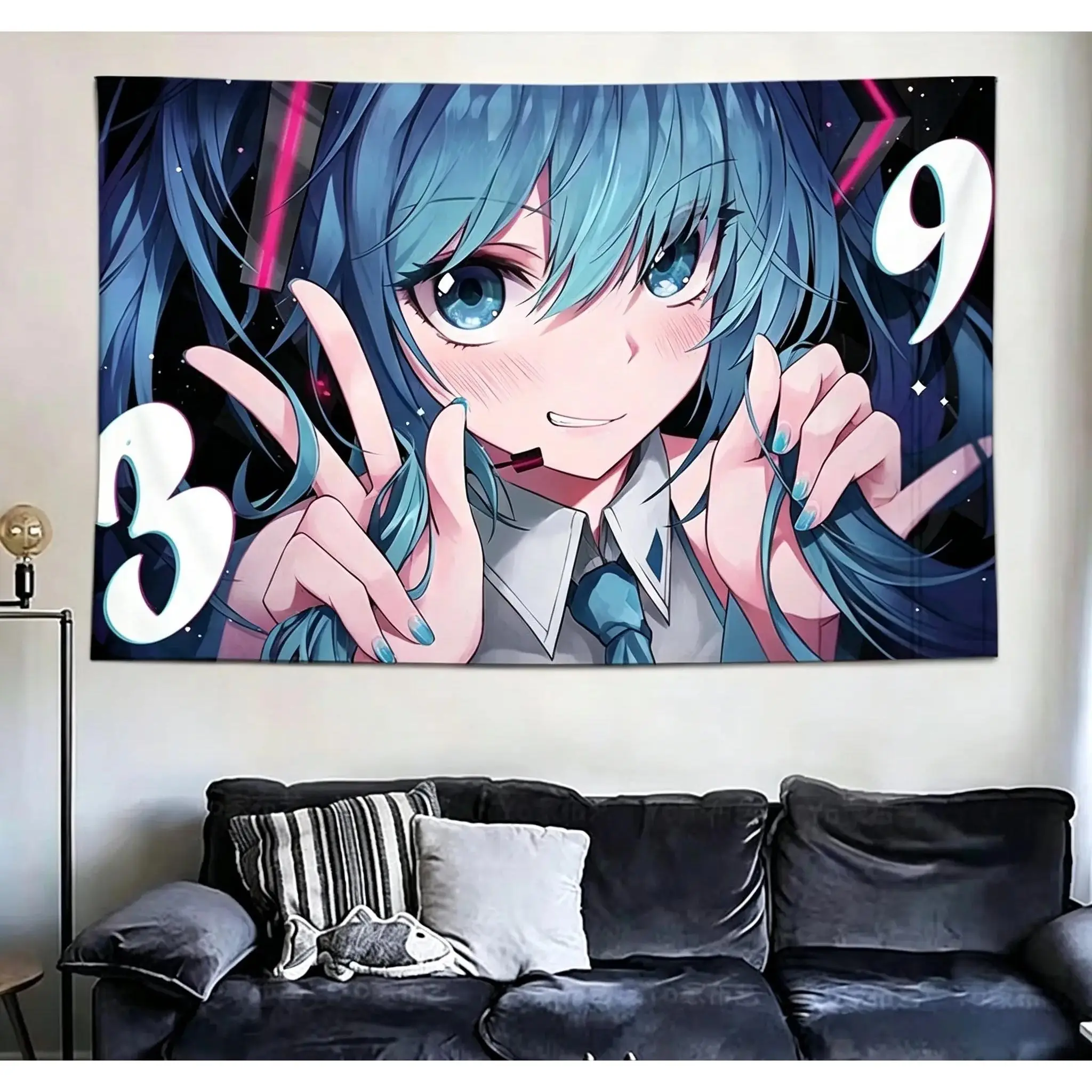 Japanese Hatsune Miku Printed Decorative Tapestry - Polyester-Light Color Linen Cotton Hanging Cloth, Anime Transformation Girl Themed Indoors Bedroom Wall Decoration
