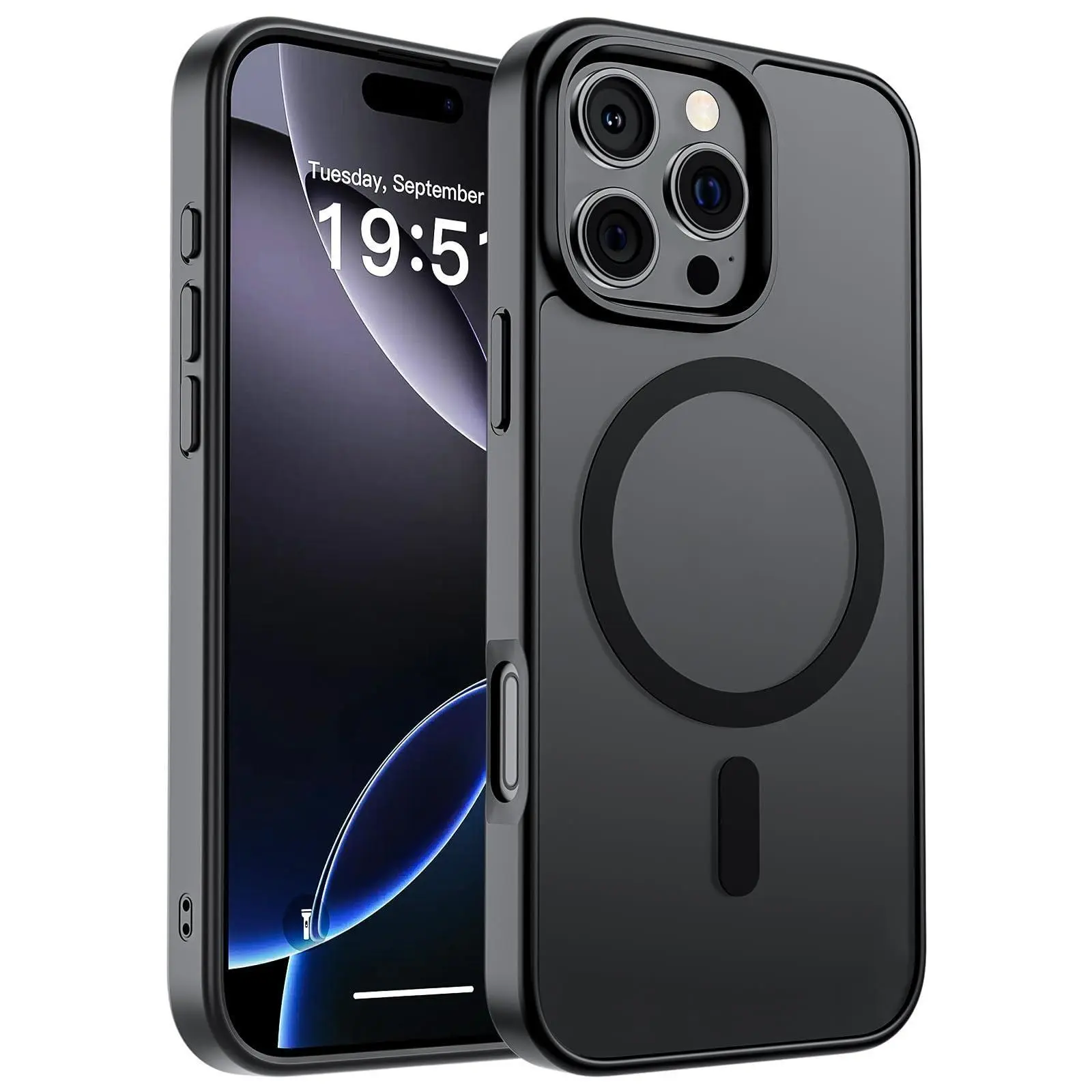 Shockproof Phone Case for IPhone17 Pro Max/Pro 16 Pro Max/Pro Black Semi Translucent Back Cover Camera Protection Magnetic Ring Daily Use