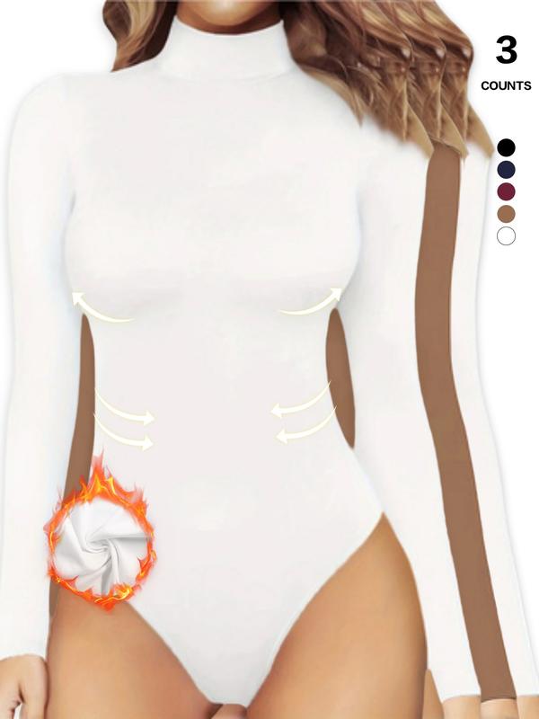 Women's Tummy Control Mock Neck Bodysuit, Long Sleeve Stretchy Slim Fit Jumpsuit, Elegant Body Shaper Top, Casual Lounge Leotard